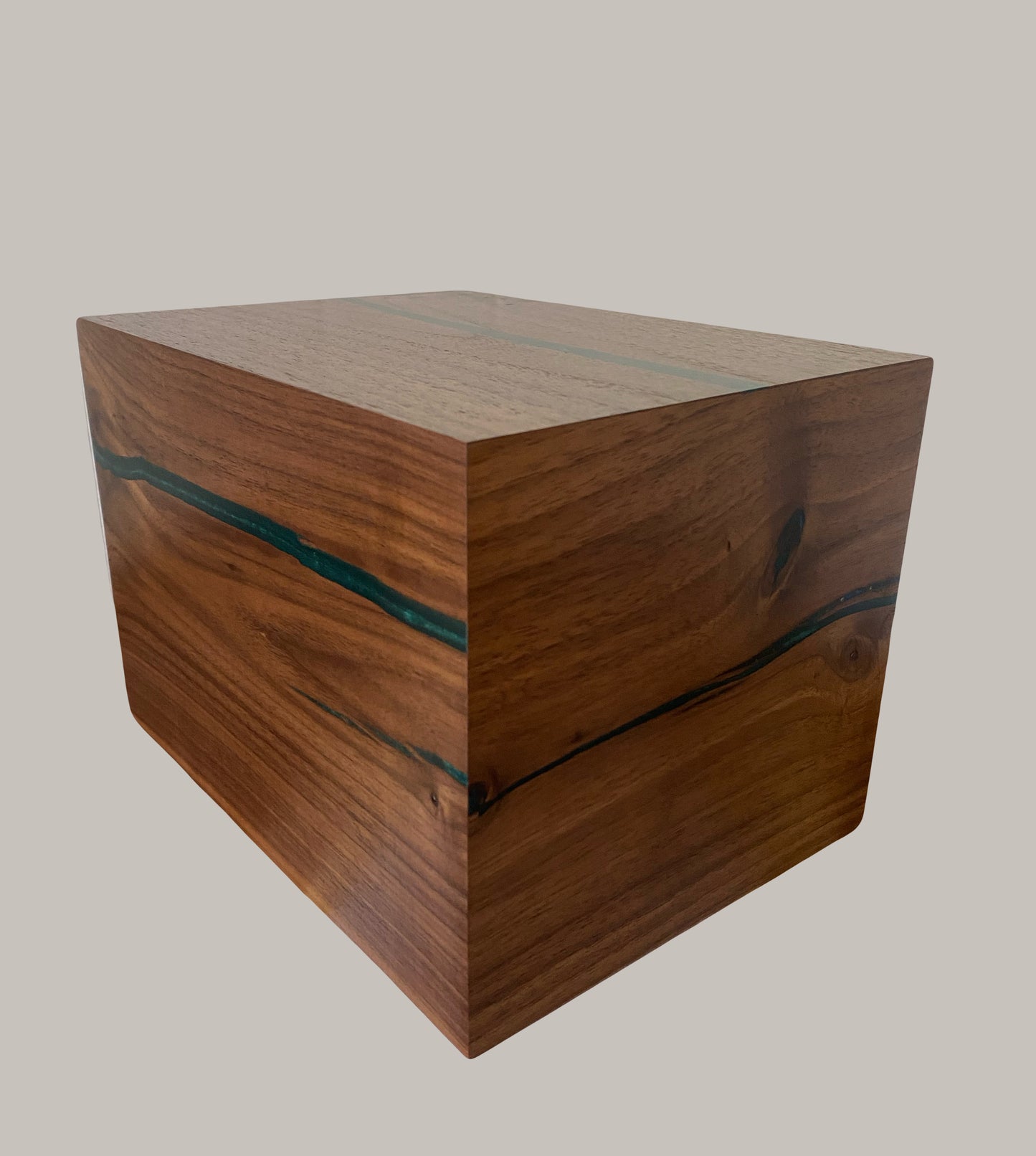 Minimalist Cremation Urn-Black Walnut, green and blue epoxy, imperfect wood, for Adult Human Ashes, up to 280 pounds