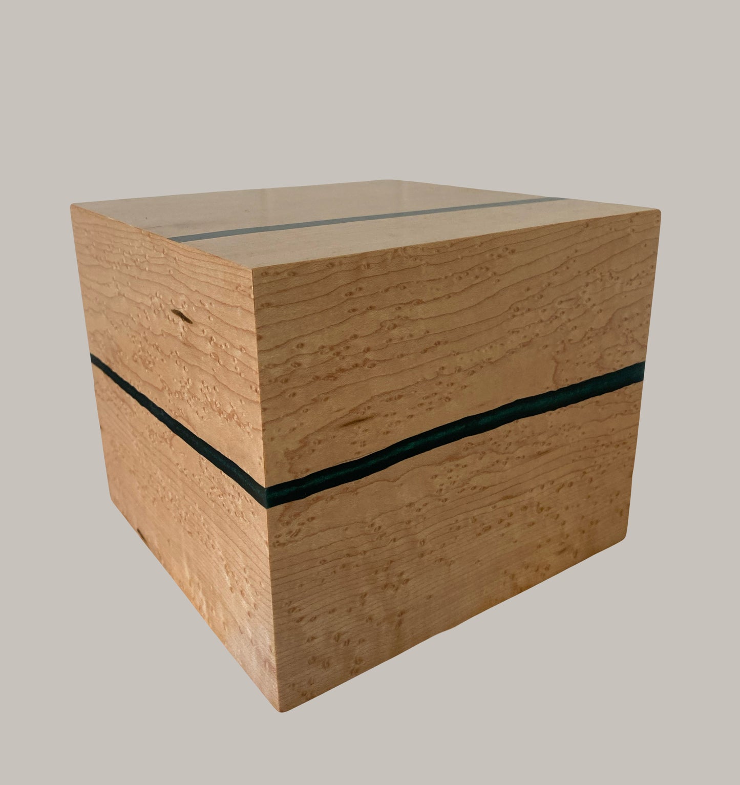 Minimalist Cremation Urn-Birdseye maple, green epoxy, imperfect wood, for Adult Human Ashes, up to 135 pounds