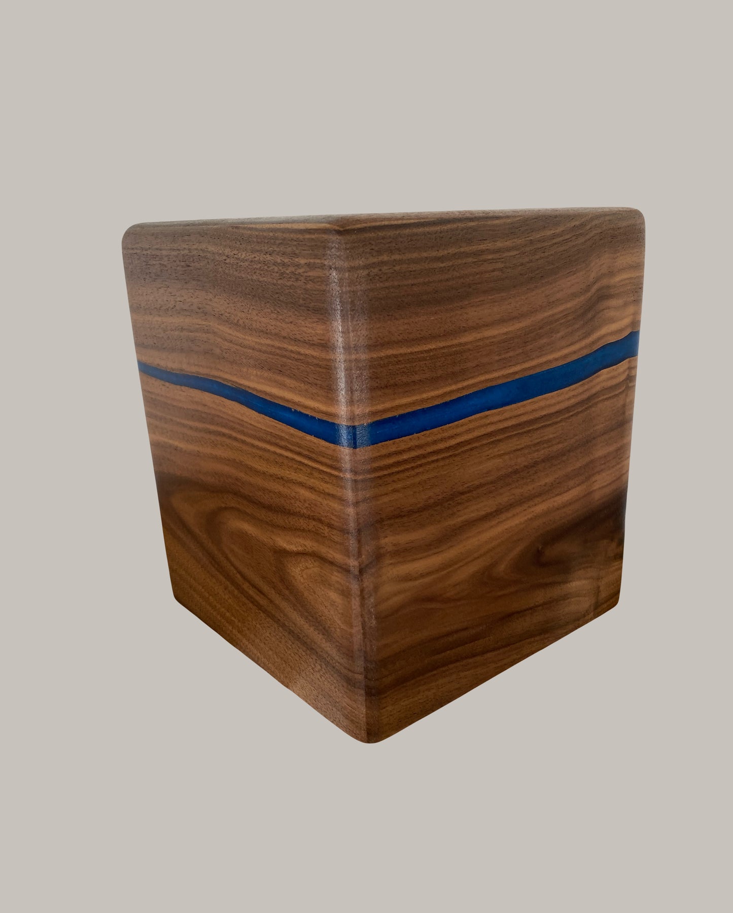 Minimalist Cremation Urn-Black Walnut, blue epoxy, imperfect, bicolored for ashes, up to 200 pounds