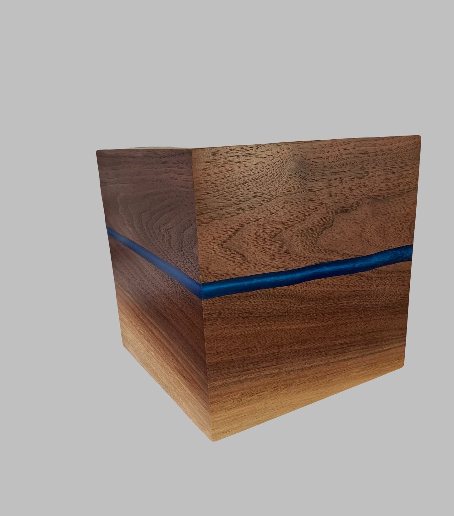 Minimalist Cremation Urn-Black Walnut, blue epoxy, marbled imperfect wood, for Adult Human Ashes, up to 215 pounds