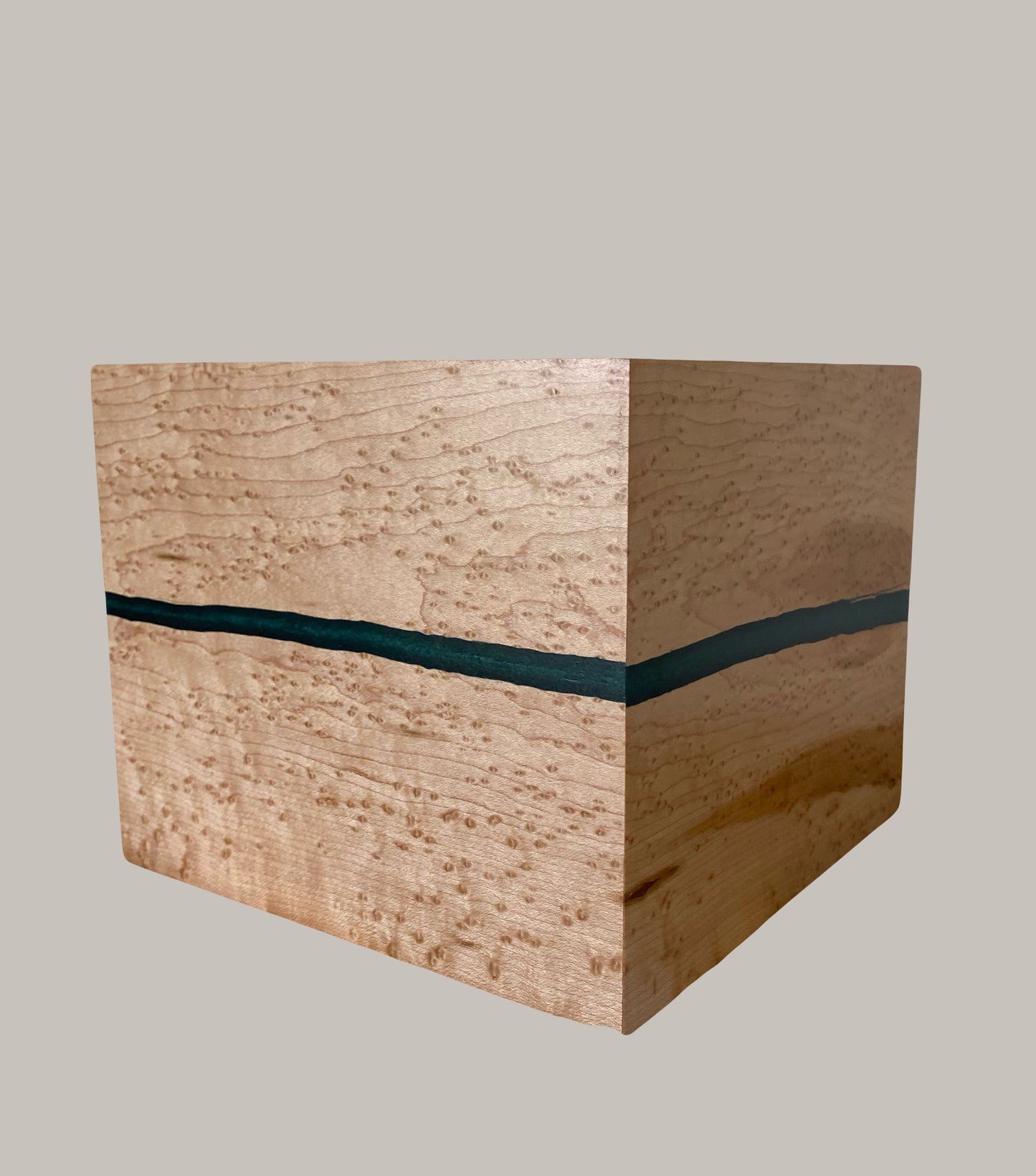 Minimalist Cremation Urn-Birdseye maple, green epoxy, imperfect wood, for Adult Human Ashes, up to 135 pounds