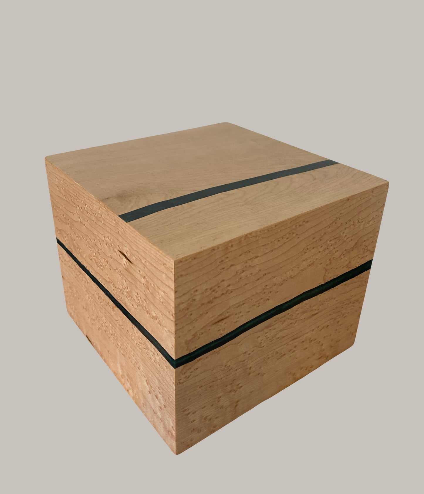 Minimalist Cremation Urn-Birdseye maple, green epoxy, imperfect wood, for Adult Human Ashes, up to 135 pounds