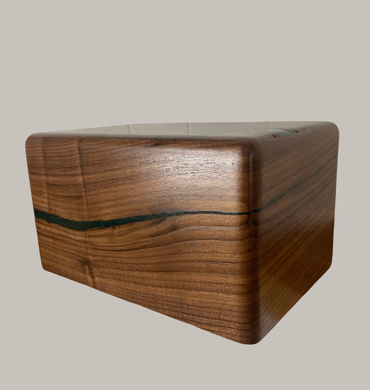 Minimalist Cremation Urn-Black Walnut, green epoxy, imperfect wood, for Adult Human Ashes, up to 250 pounds