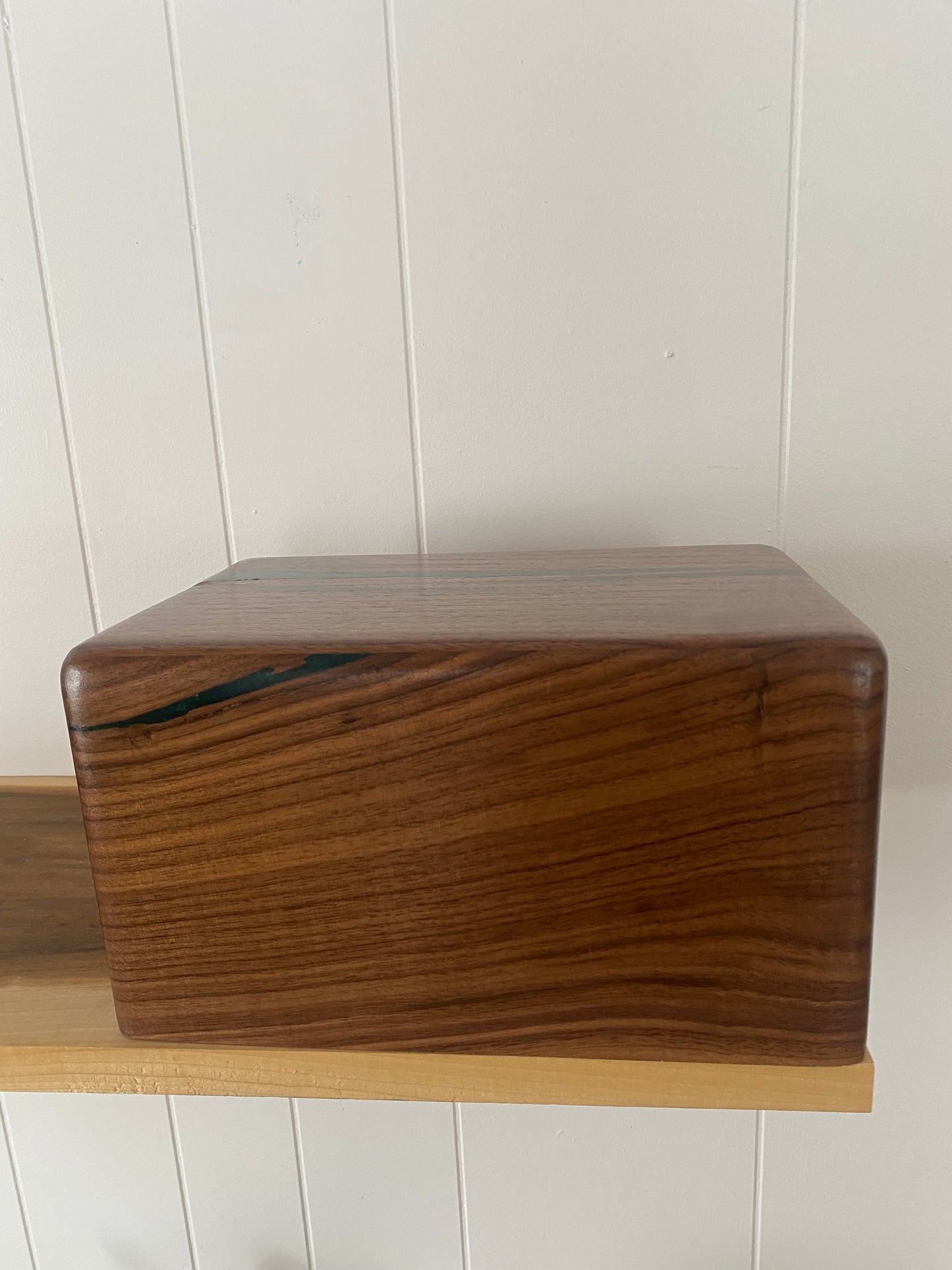 Minimalist Cremation Urn-Black Walnut, green epoxy, imperfect wood, for Adult Human Ashes, up to 250 pounds