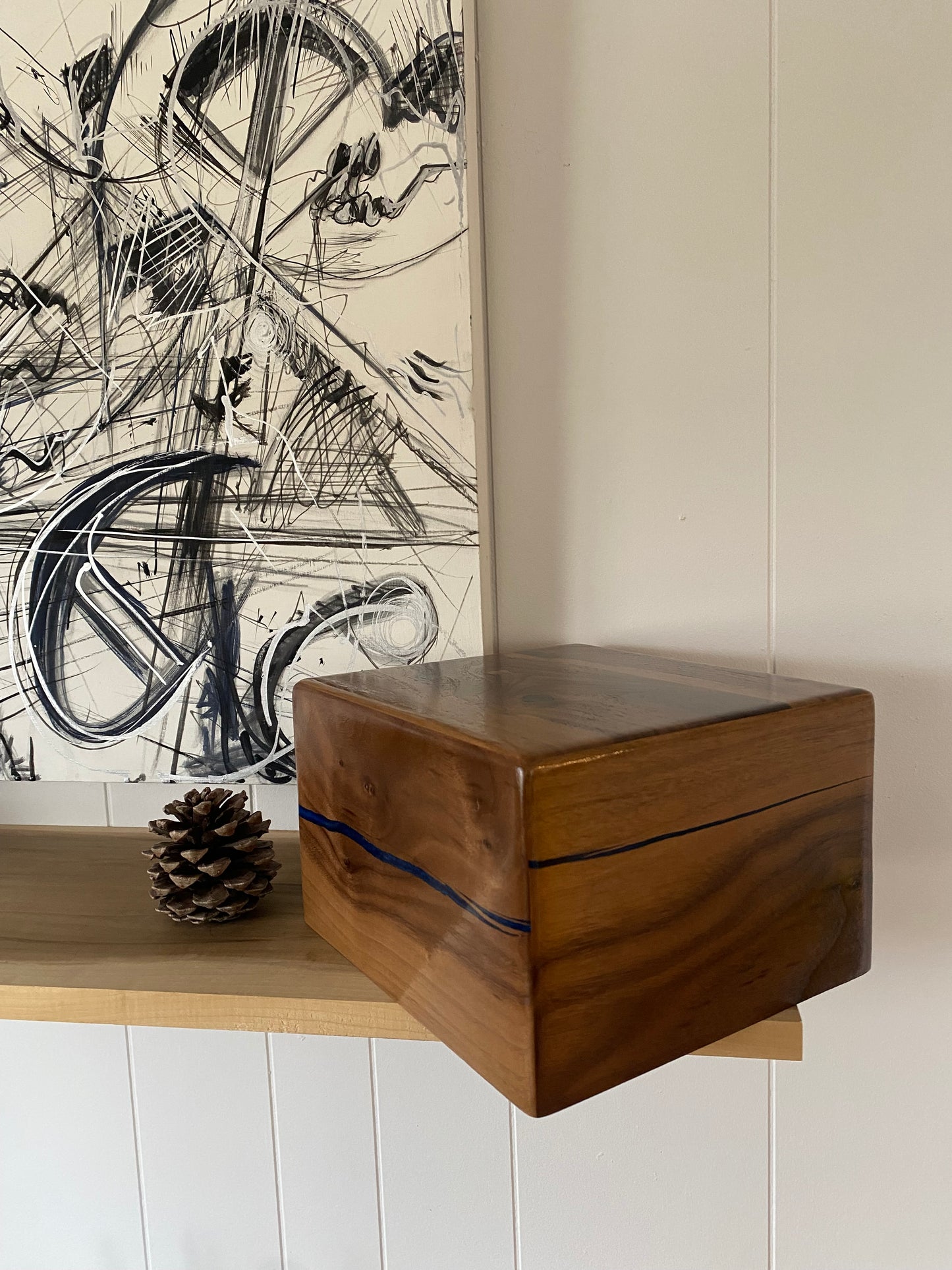 Minimalist Cremation Urn-Black Walnut, blue and green epoxy, bicolored imperfect wood, for Adult Human Ashes, up to 300 pounds