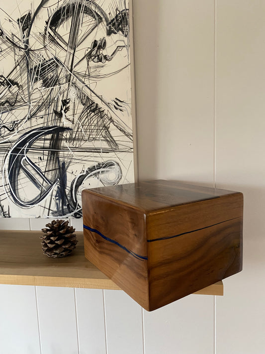 Minimalist Cremation Urn-Black Walnut, blue and green epoxy, bicolored imperfect wood, for Adult Human Ashes, up to 300 pounds