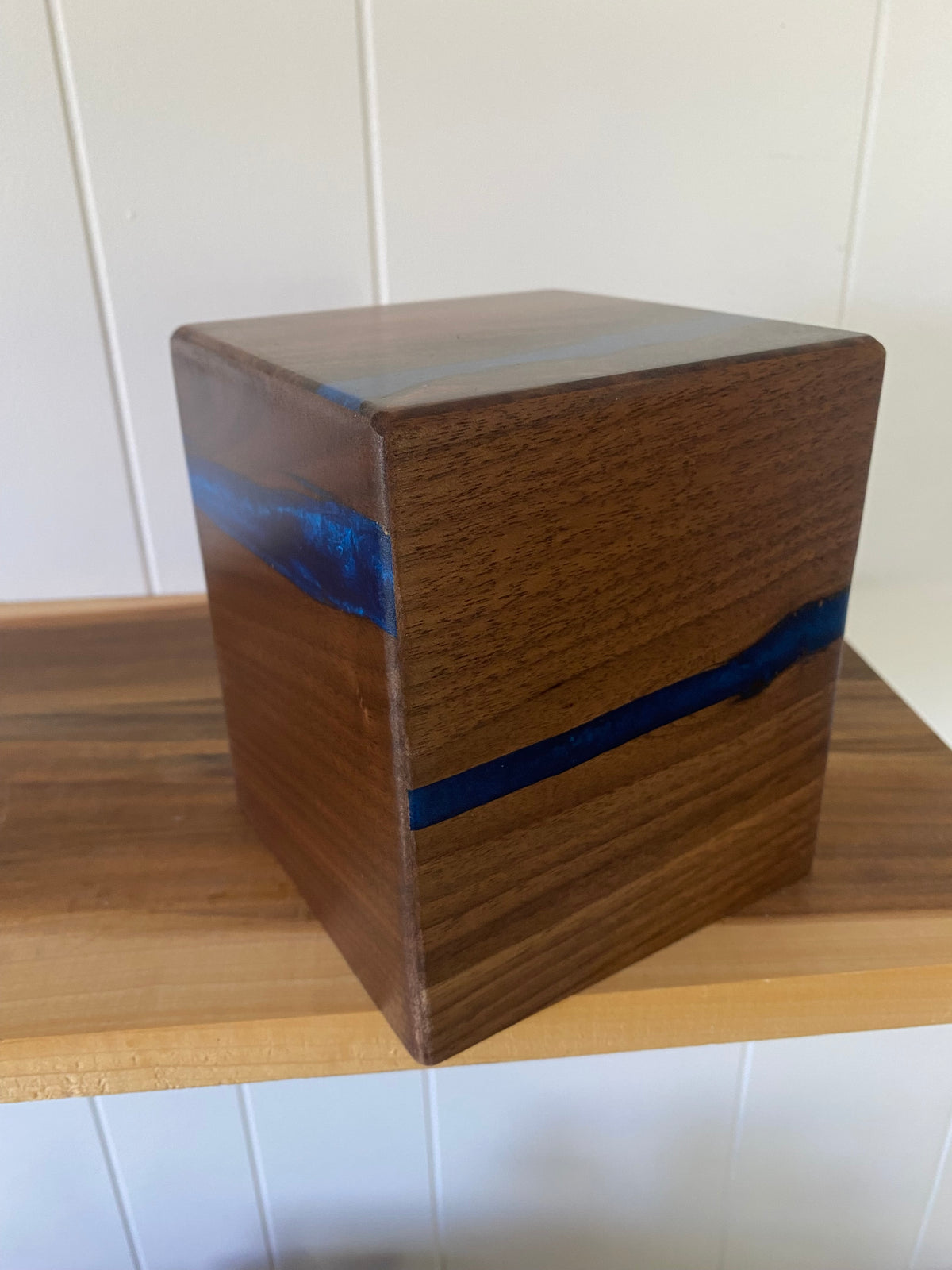 Minimalist Cremation Urn-Black Walnut, blue epoxy for Adult Human Ashes, up to 50 pounds