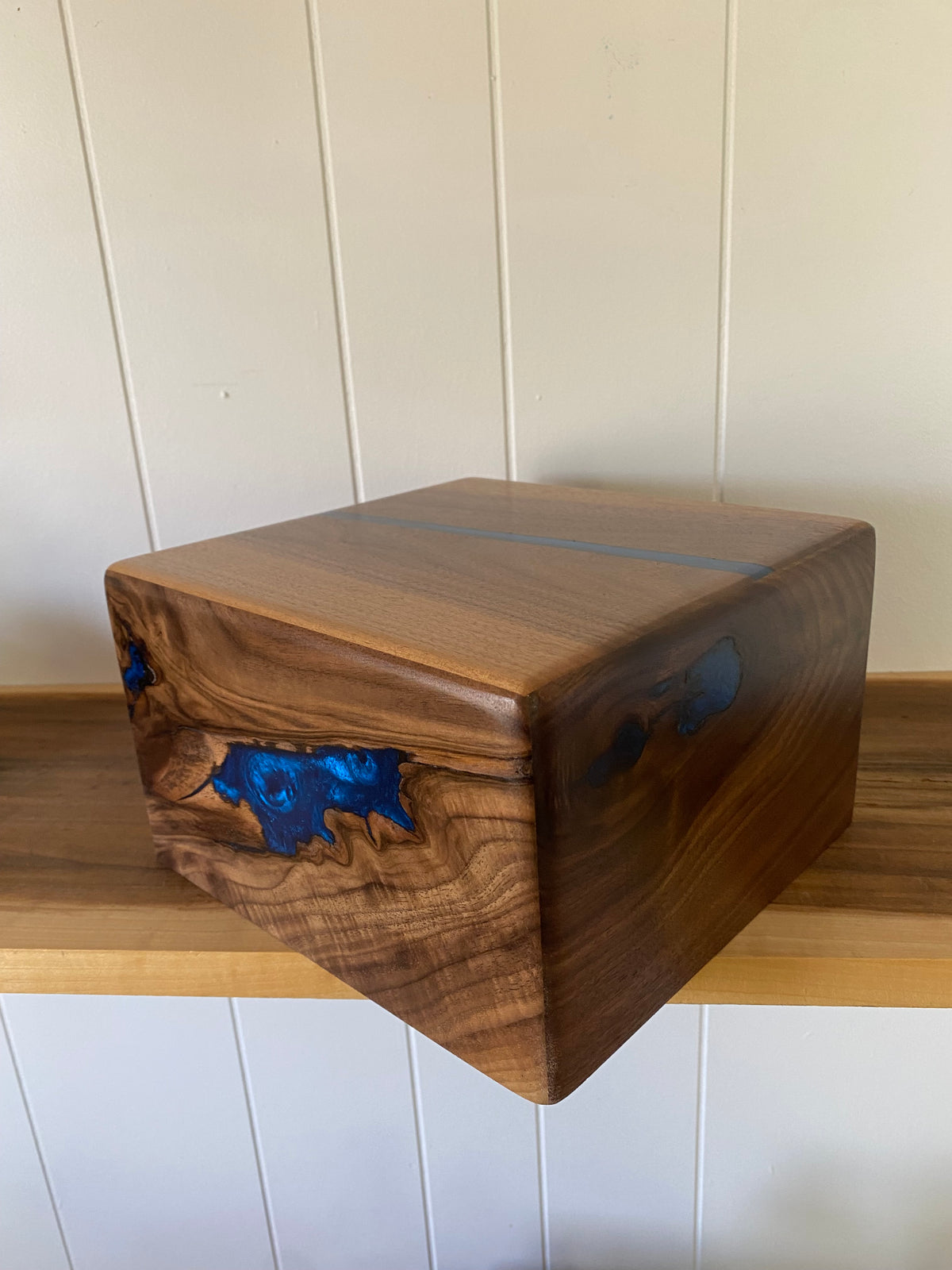 Minimalist Cremation Urn-Black, Walnut with blue epoxy for Adult Human Ashes, up to 200 pounds