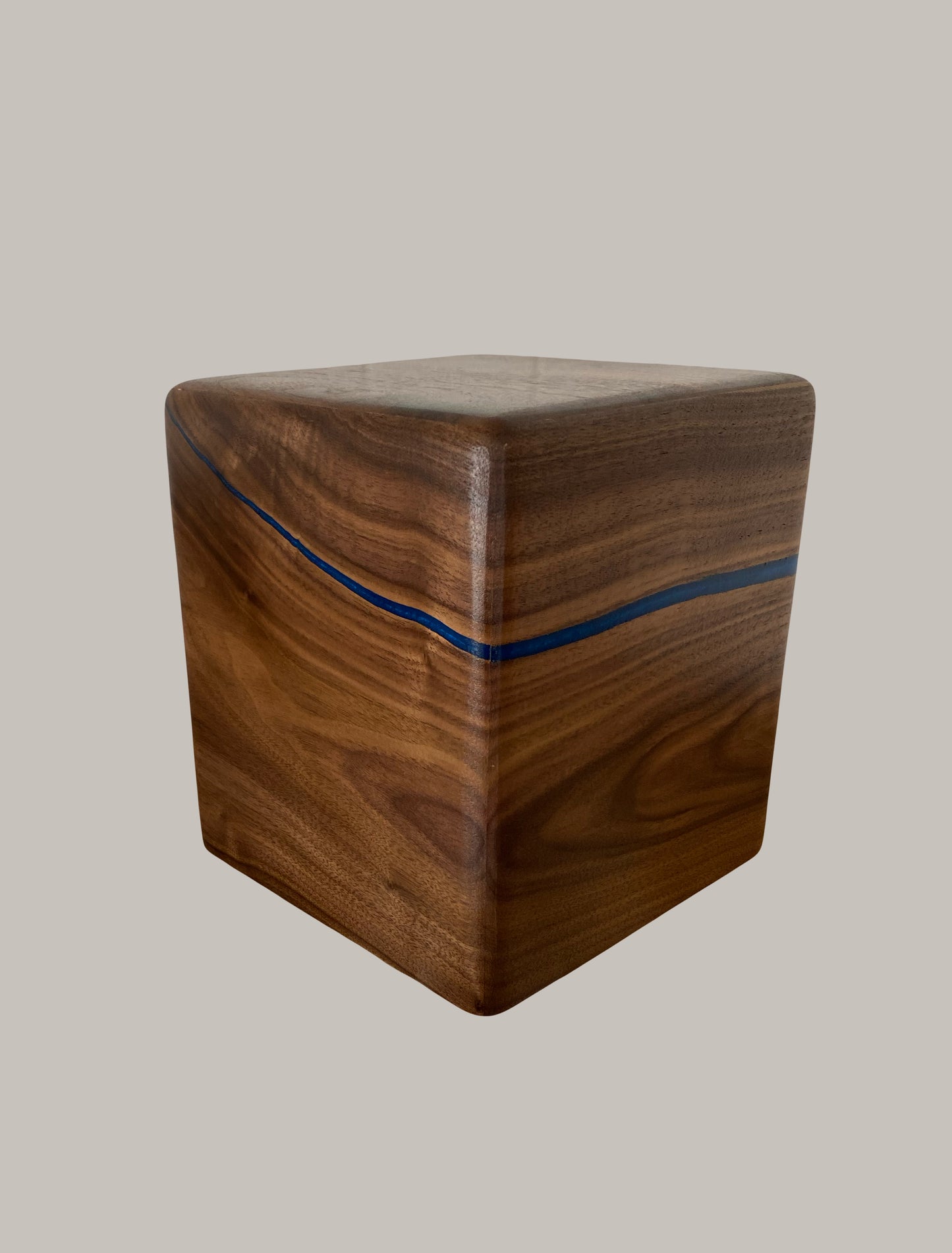 Minimalist Cremation Urn-Black Walnut, blue epoxy, imperfect, bicolored for ashes, up to 200 pounds