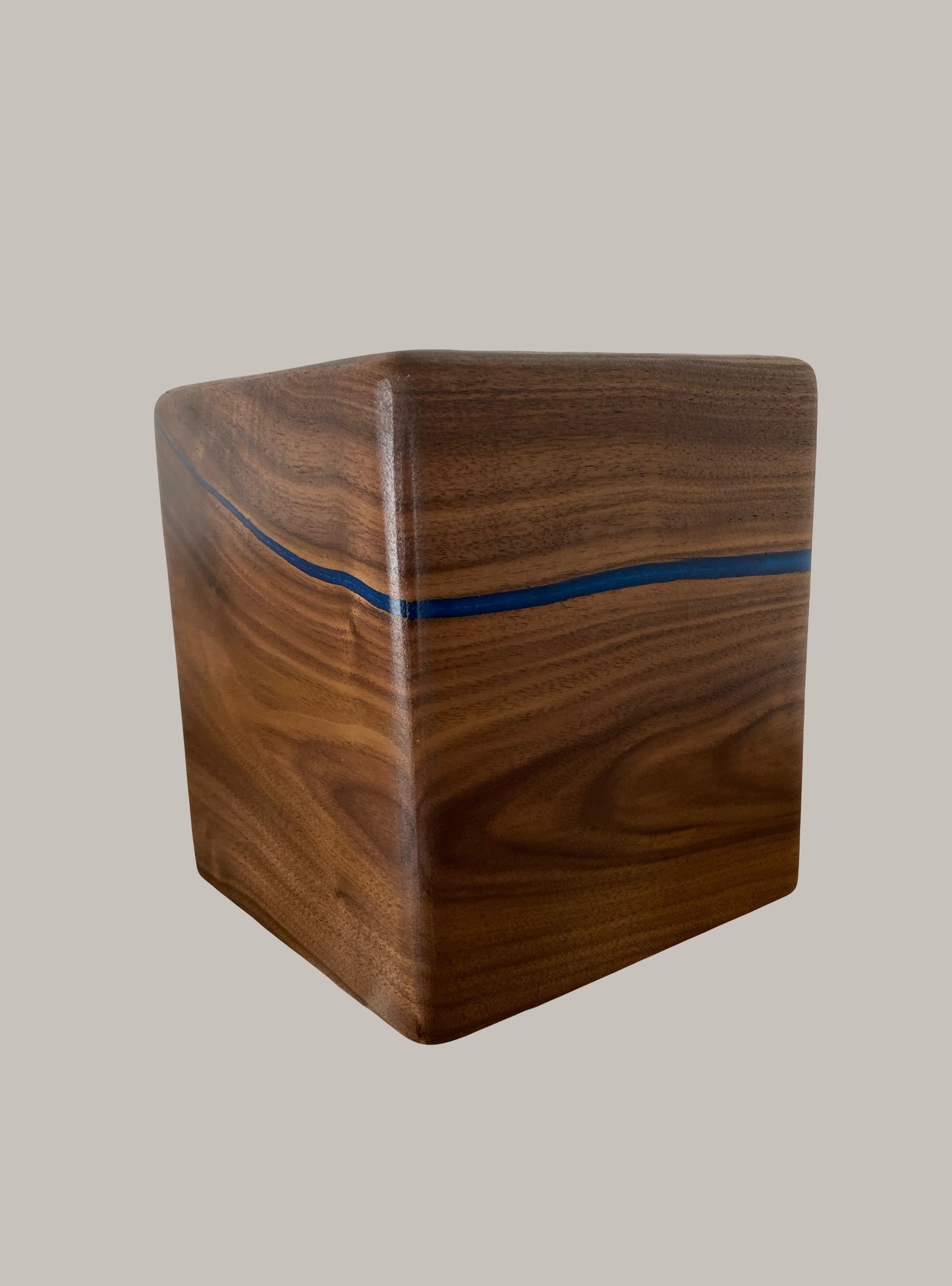 Minimalist Cremation Urn-Black Walnut, blue epoxy, imperfect, bicolored for ashes, up to 200 pounds