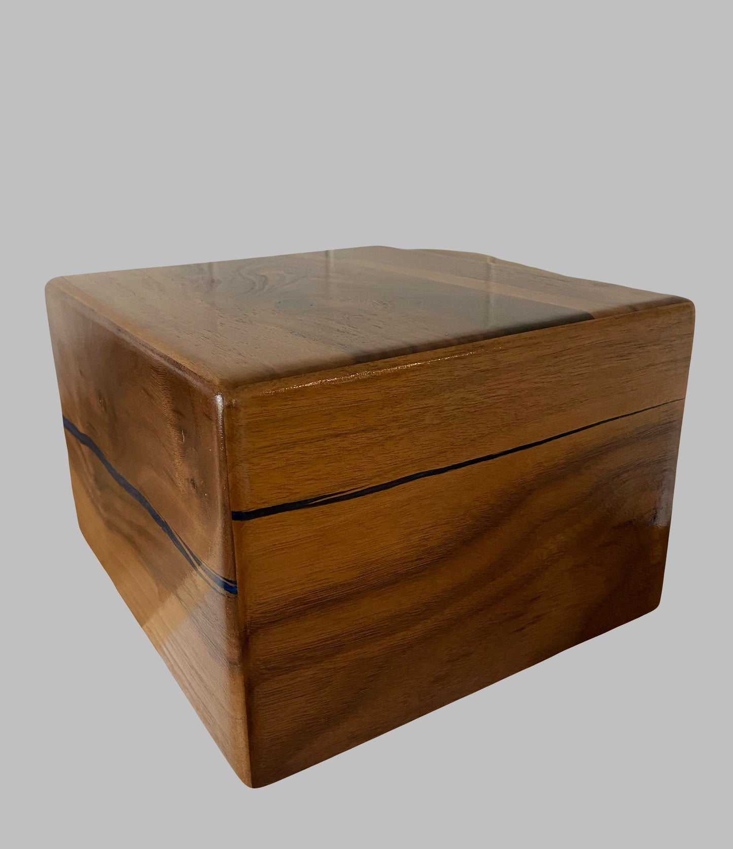 Minimalist Cremation Urn-Black Walnut, blue and green epoxy, bicolored imperfect wood, for Adult Human Ashes, up to 300 pounds