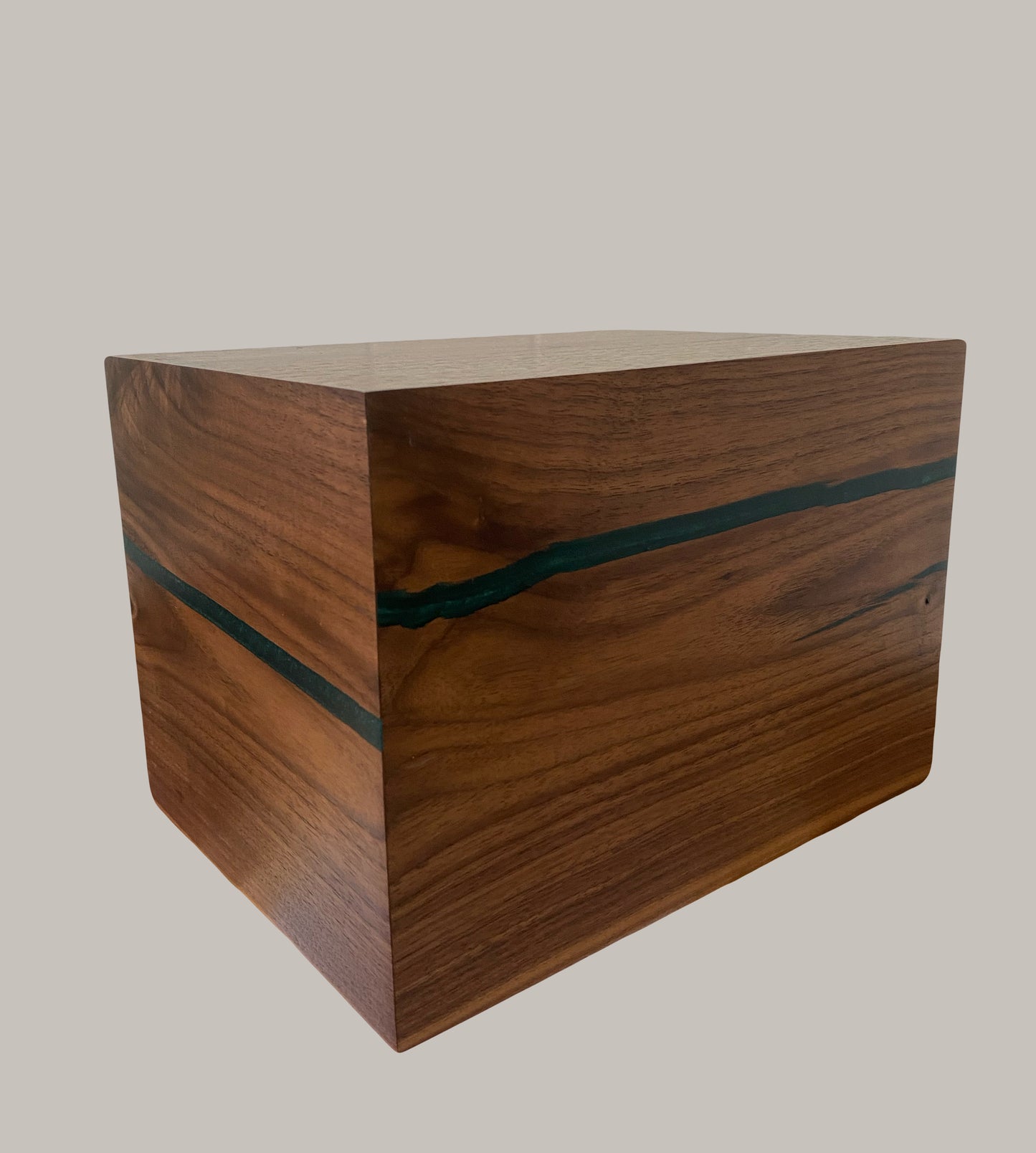 Minimalist Cremation Urn-Black Walnut, green and blue epoxy, imperfect wood, for Adult Human Ashes, up to 280 pounds