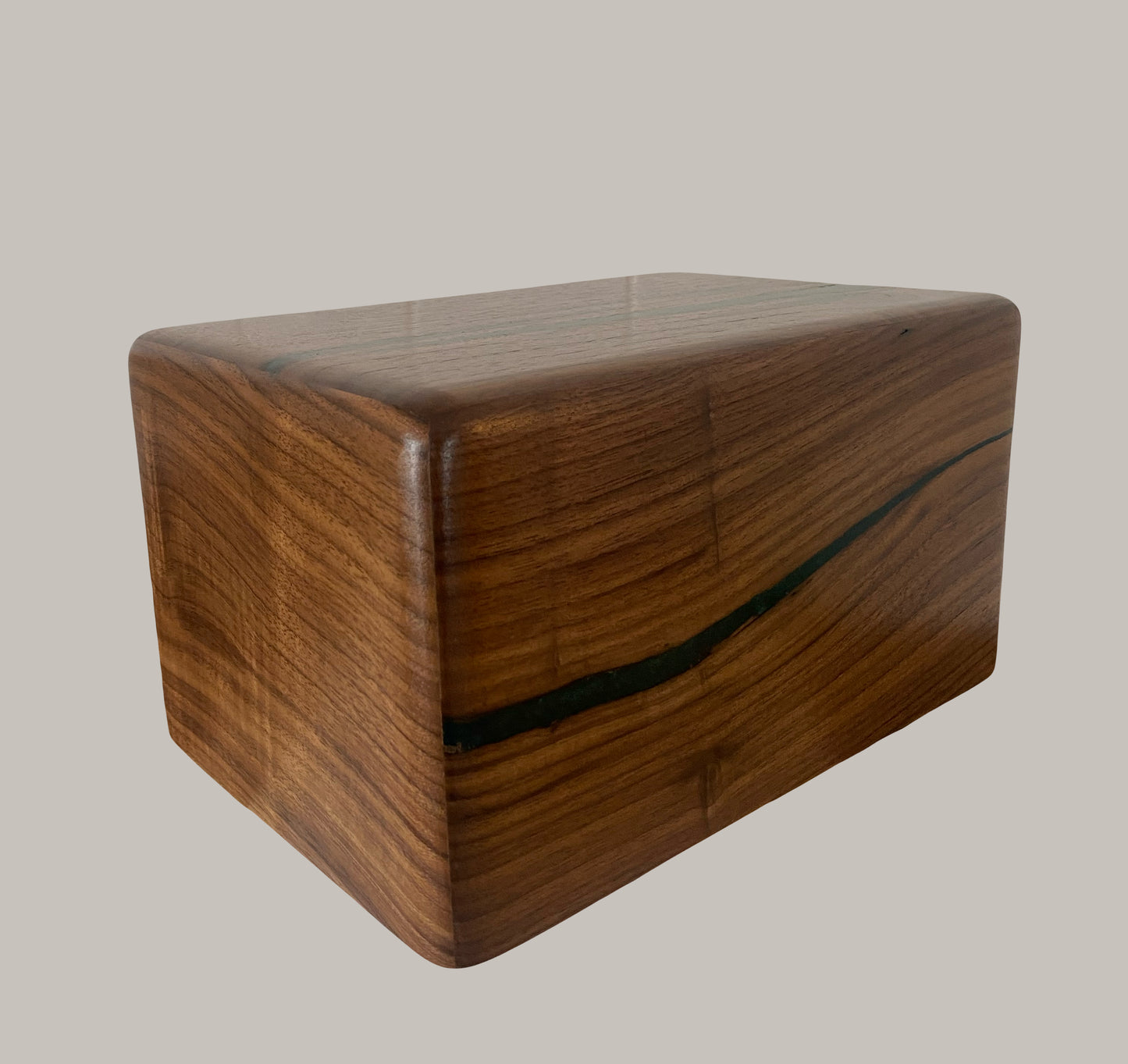 Minimalist Cremation Urn-Black Walnut, green epoxy, imperfect wood, for Adult Human Ashes, up to 250 pounds