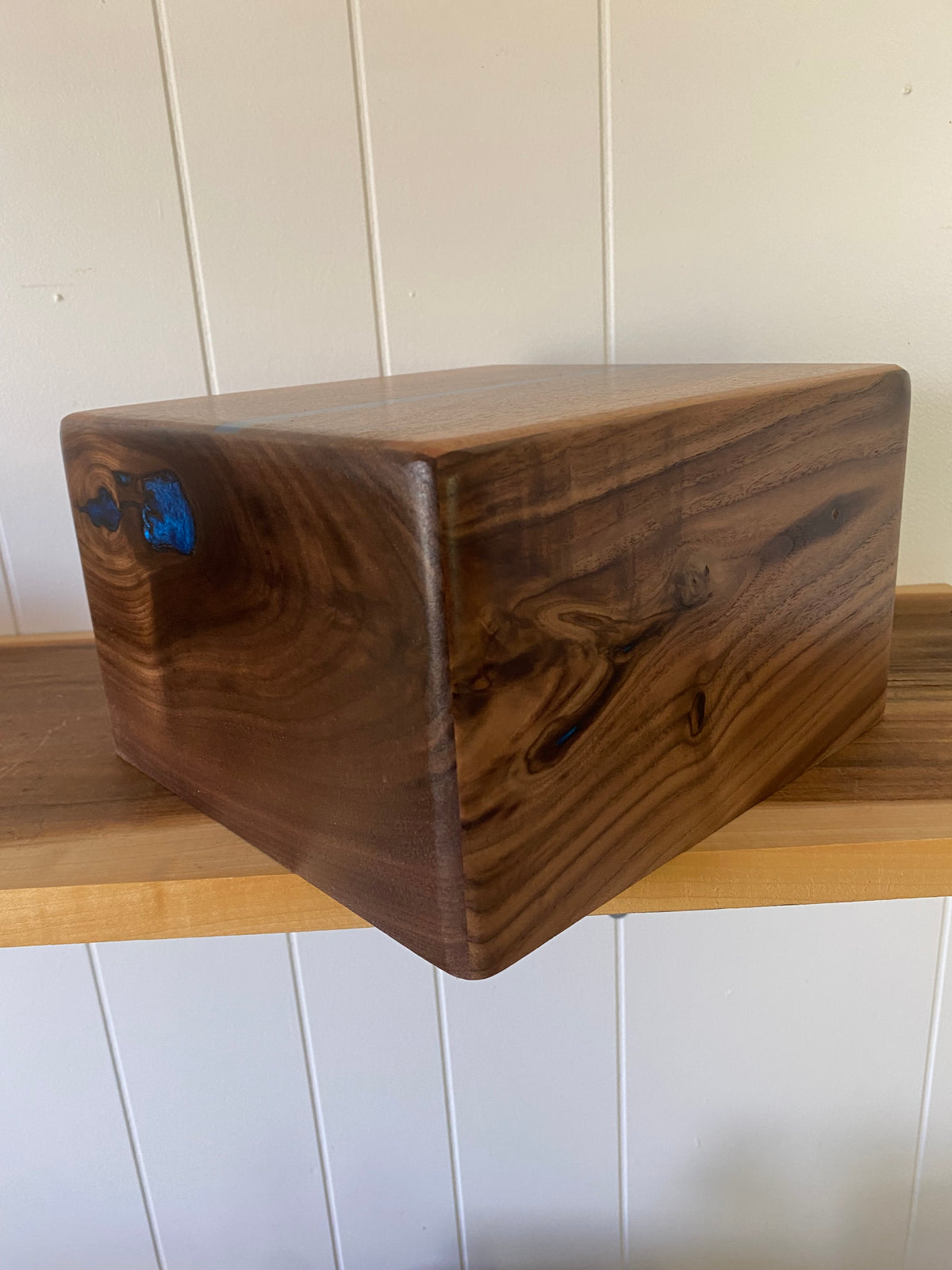 Minimalist Cremation Urn-Black, Walnut with blue epoxy for Adult Human Ashes, up to 200 pounds
