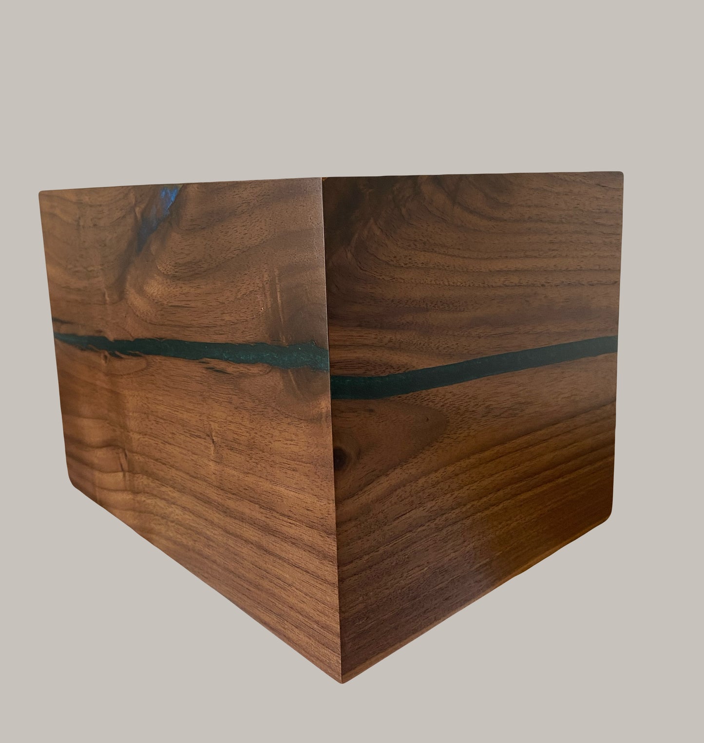 Minimalist Cremation Urn-Black Walnut, green and blue epoxy, imperfect wood, for Adult Human Ashes, up to 280 pounds