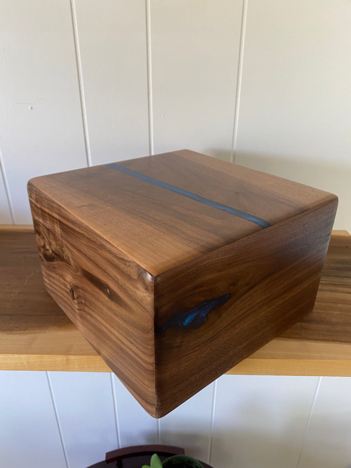 Minimalist Cremation Urn-Black, Walnut with blue epoxy for Adult Human Ashes, up to 200 pounds