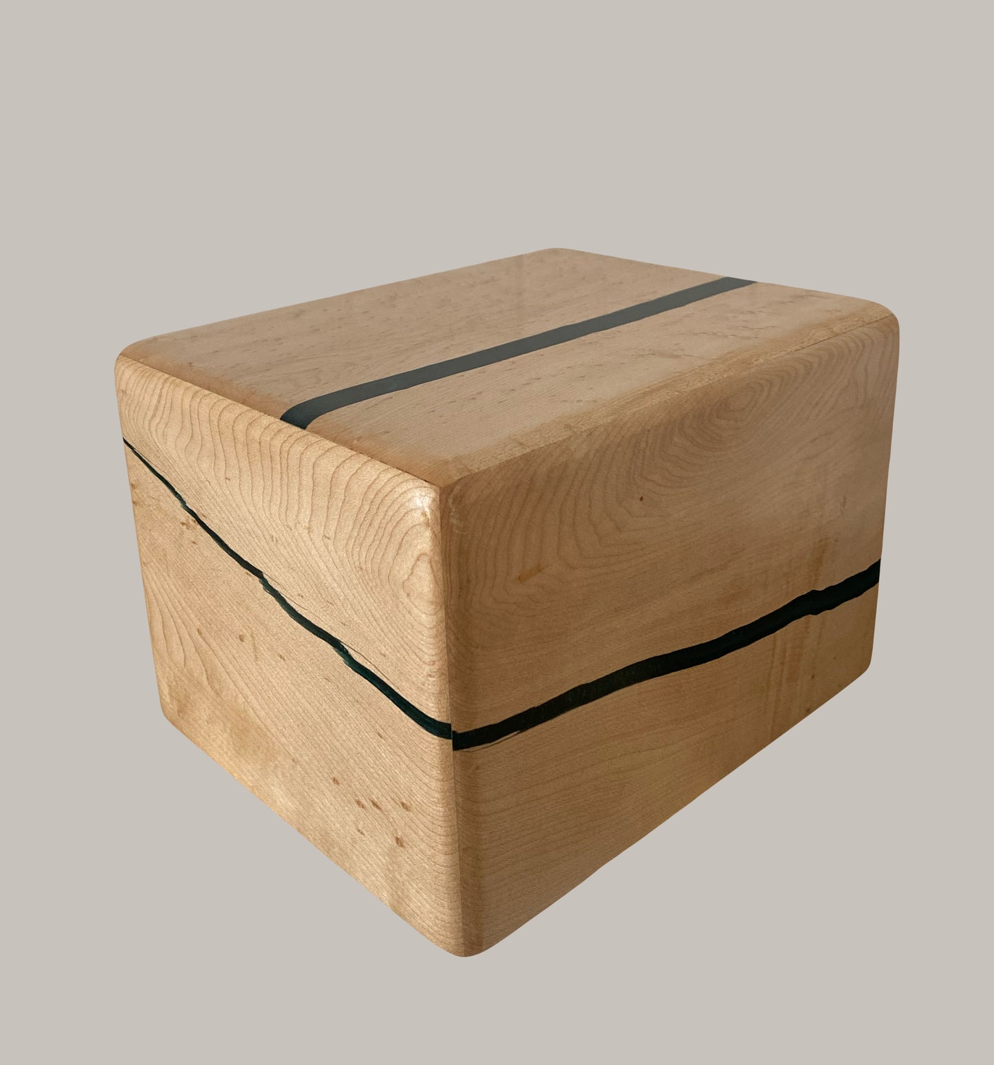 Minimalist Cremation Urn-Birdseye maple, green epoxy, imperfect wood, for Adult Human Ashes, up to 185 pounds