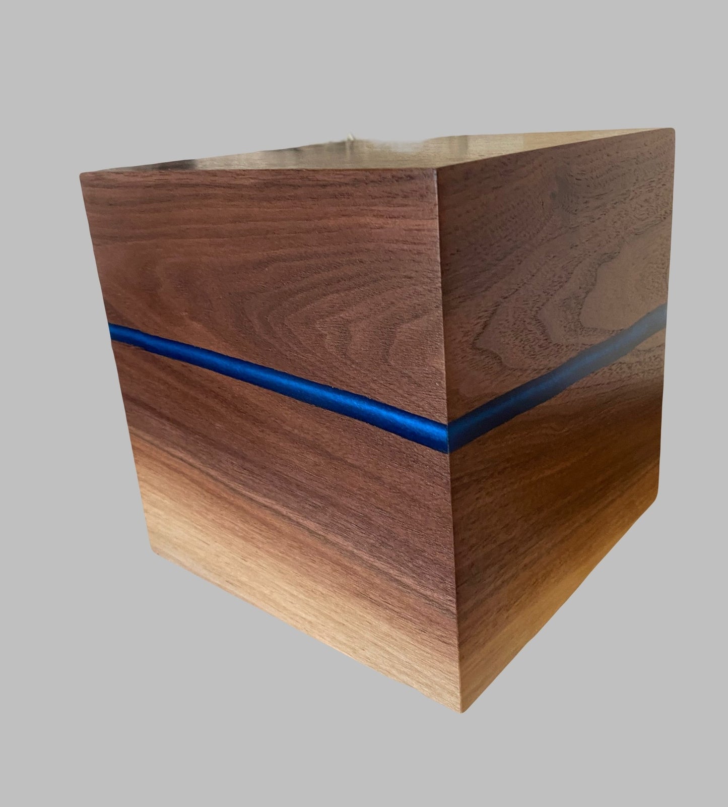 Minimalist Cremation Urn-Black Walnut, blue epoxy, marbled imperfect wood, for Adult Human Ashes, up to 215 pounds