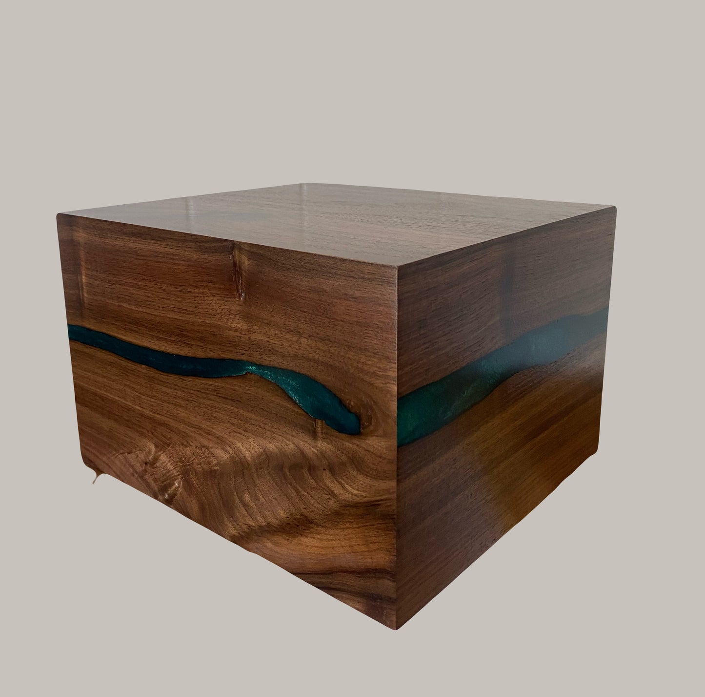 Minimalist Cremation Urn-Black Walnut, blue and green epoxy for Adult Human Ashes, up to 280pounds