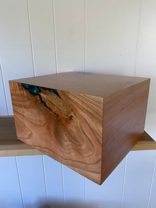 Minimalist Cremation Companion Urn-Cherry with green and blue epoxy, for Adult Human Ashes, up to 550 pounds