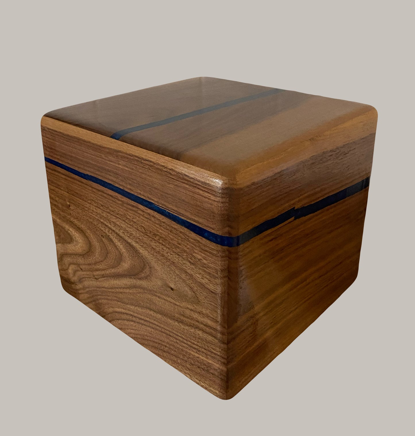 Minimalist Cremation Urn-Black Walnut, blue epoxy, imperfect, bicolored for ashes, up to 230 pounds
