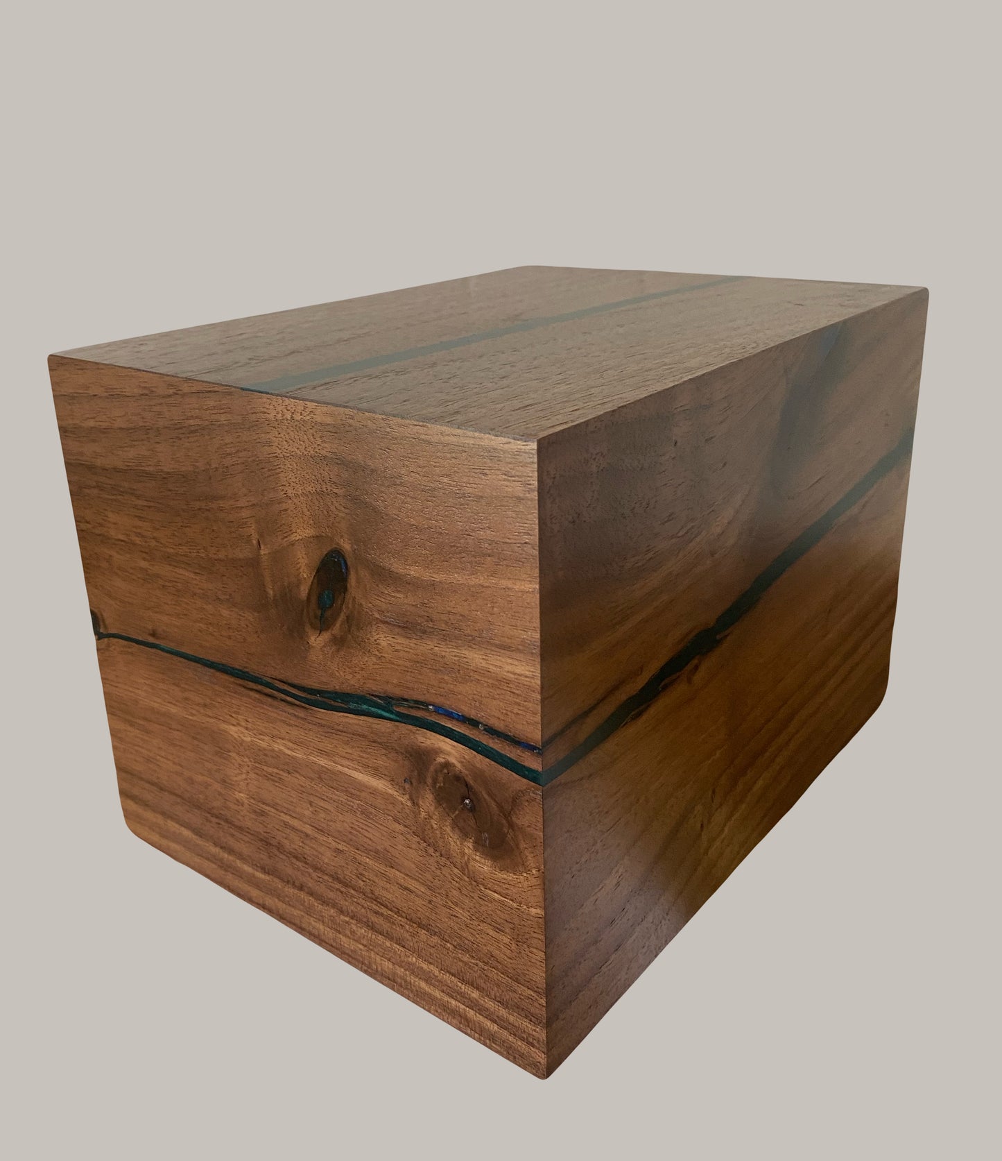 Minimalist Cremation Urn-Black Walnut, green and blue epoxy, imperfect wood, for Adult Human Ashes, up to 280 pounds