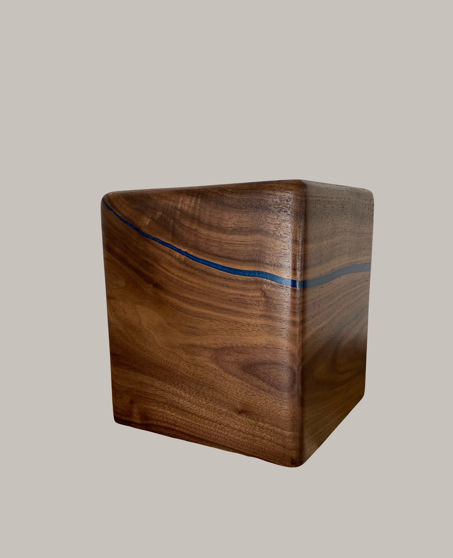 Minimalist Cremation Urn-Black Walnut, blue epoxy, imperfect, bicolored for ashes, up to 200 pounds