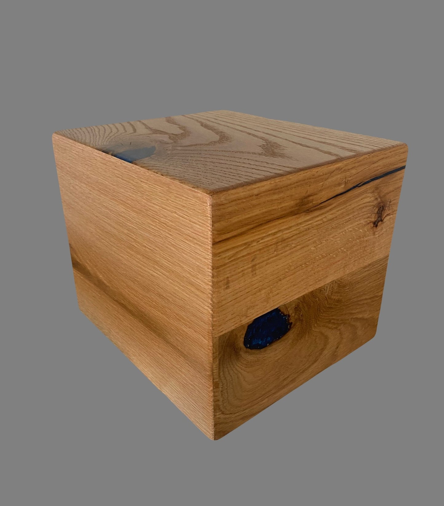 Minimalist Cremation Urn- Oak marbled, black epoxy, imperfect, knotty for Ashes, up to 225 pounds