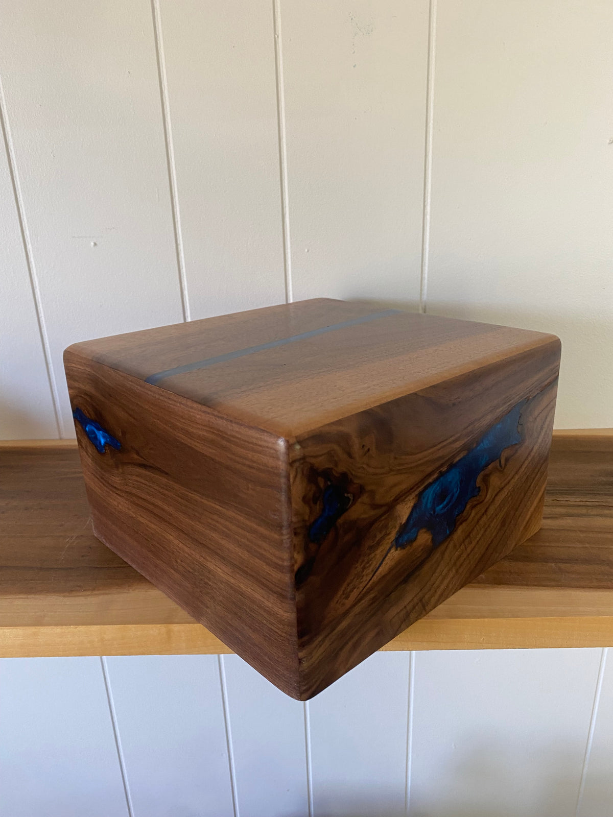 Minimalist Cremation Urn-Black, Walnut with blue epoxy for Adult Human Ashes, up to 200 pounds