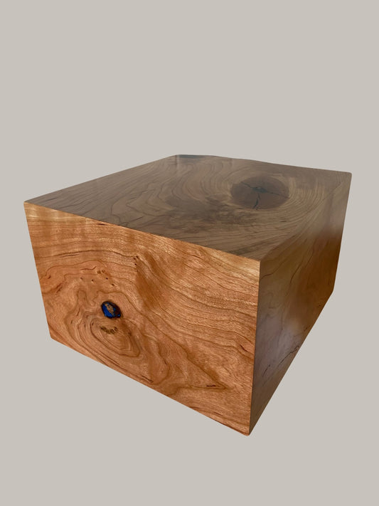 Minimalist Cremation Urn-Aged Cherry, black and blue epoxy, marbled imperfect wood, for Adult Human Ashes, up to 400 pounds