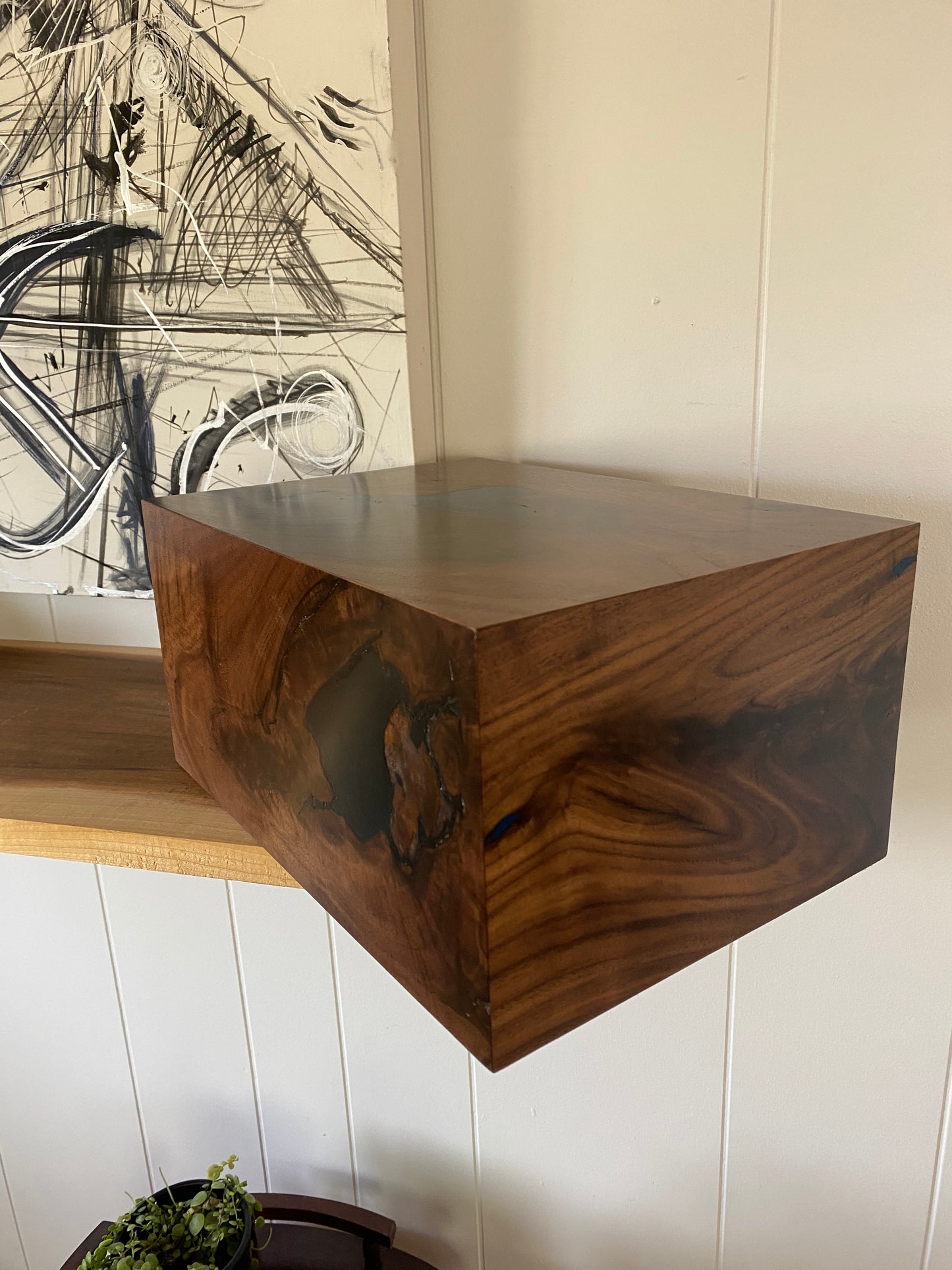Minimalist Cremation Urn-Black, Walnut, black, green and blue epoxy for Adult Human Ashes, up to 325 pounds