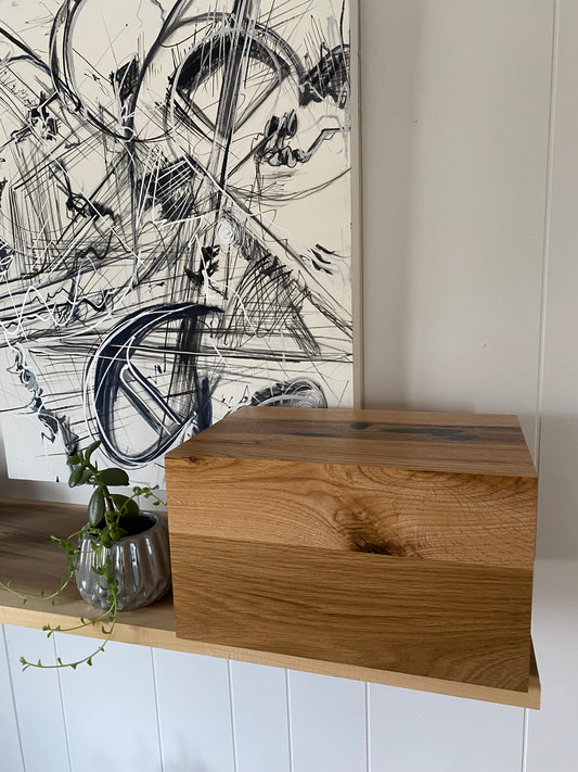 Cremation Urn- Oak—black/blue epoxy, imperfect, knotty for Ashes, up to 375 pounds