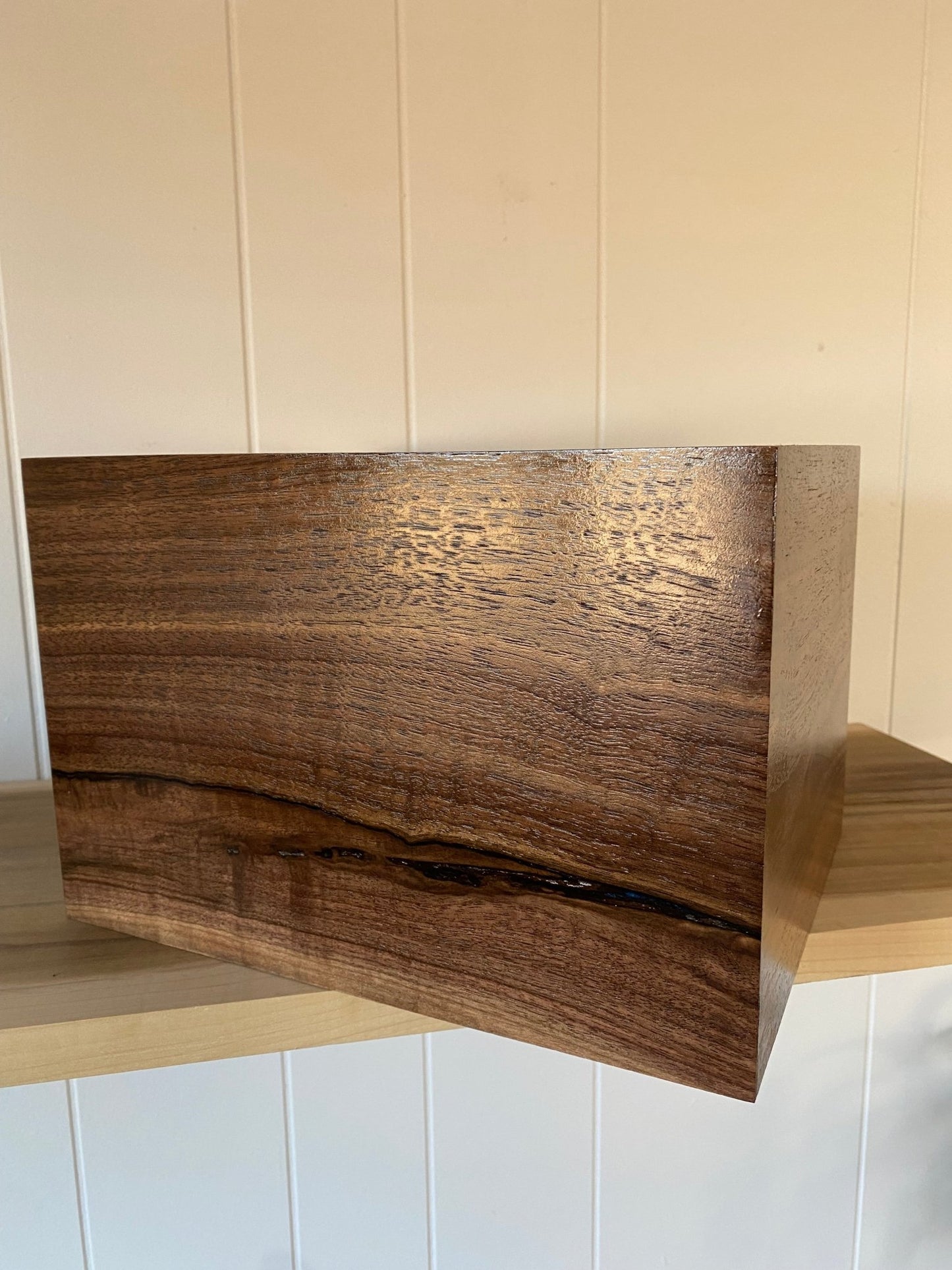 Minimalist Cremation Urn-Black Walnut, blue epoxy, imperfect, knotty, for ashes, up to 350 pounds