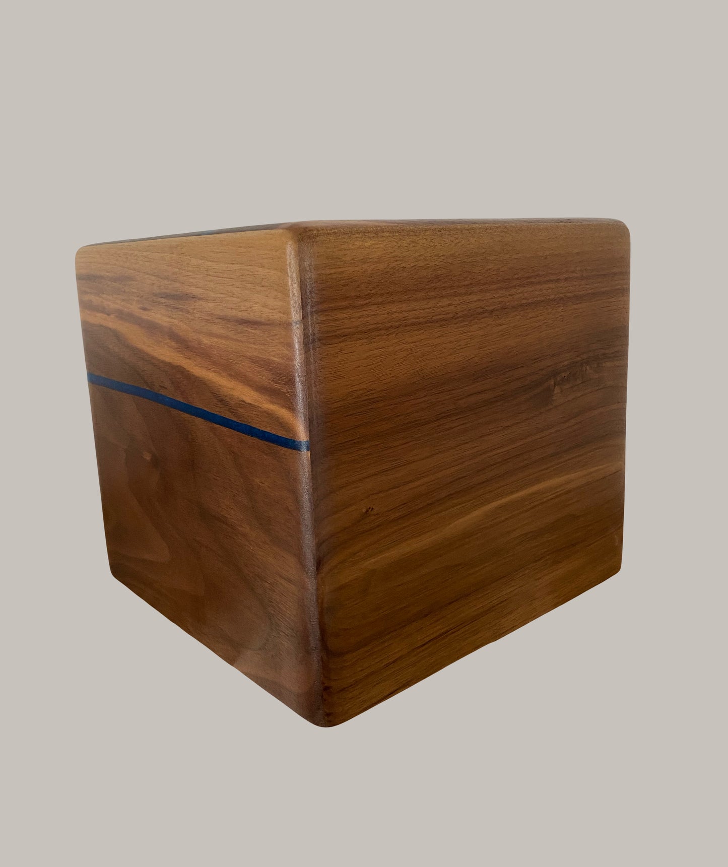 Minimalist Cremation Urn-Black Walnut, blue epoxy, imperfect, bicolored for ashes, up to 365 pounds