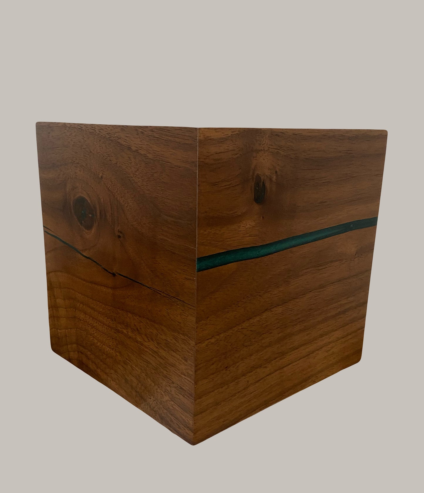 Minimalist Cremation Urn-Black Walnut, green epoxy, imperfect wood, for Adult Human Ashes, up to 150 pounds