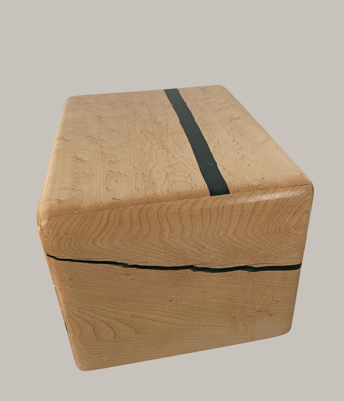 Minimalist Cremation Urn-Birdseye maple, green epoxy, imperfect wood, for Adult Human Ashes, up to 185 pounds