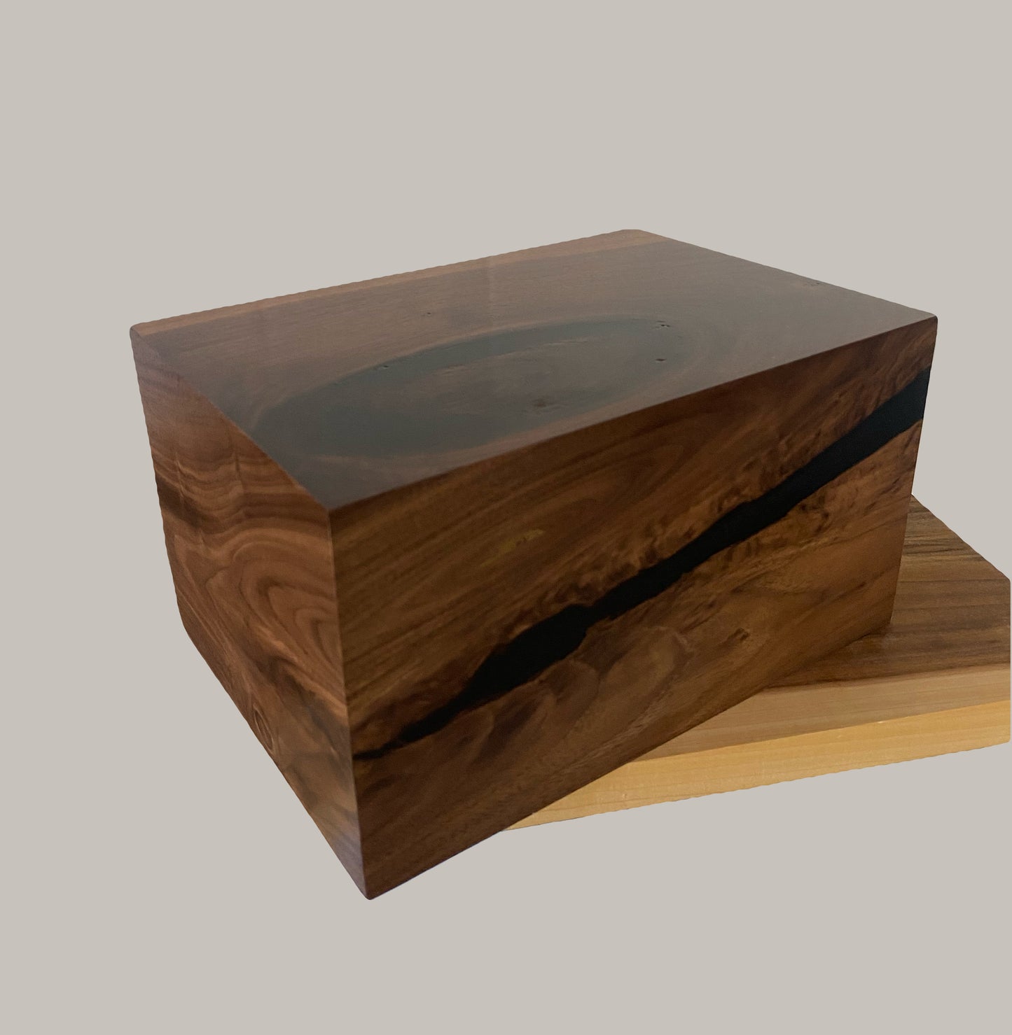 Minimalist Cremation Urn-Black Walnut, black epoxy for Adult Human Ashes, up to 140 pounds