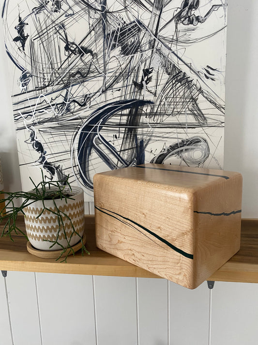 Minimalist Cremation Urn-Birdseye maple, green epoxy, imperfect wood, for Adult Human Ashes, up to 185 pounds