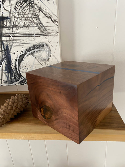 Handcrafted Cremation Urn-Black Walnut, blue and green epoxy, marbled imperfect wood, for Adult Human Ashes, up to 110 pounds