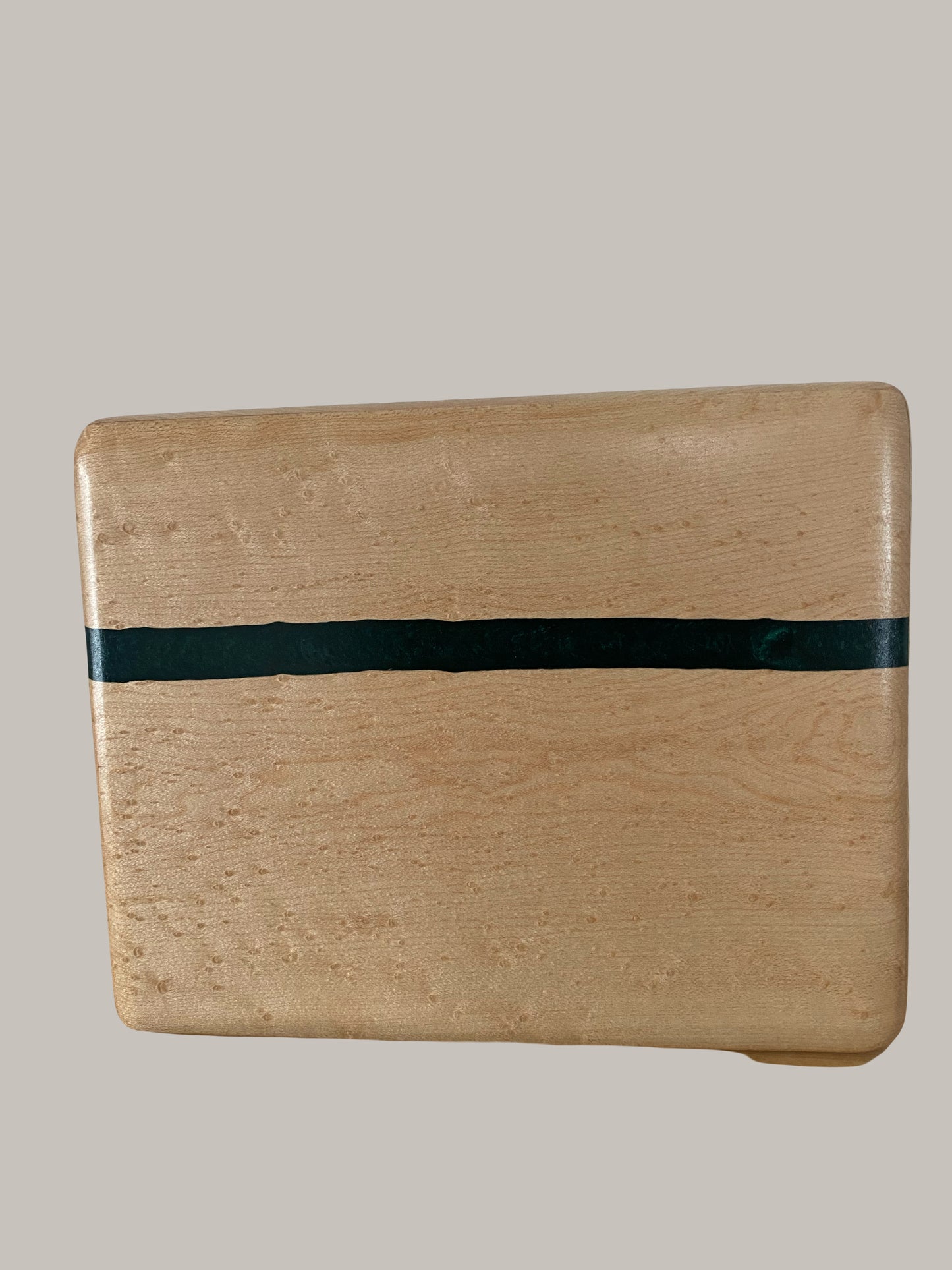 Minimalist Cremation Urn-Birdseye maple, green epoxy, imperfect wood, for Adult Human Ashes, up to 185 pounds