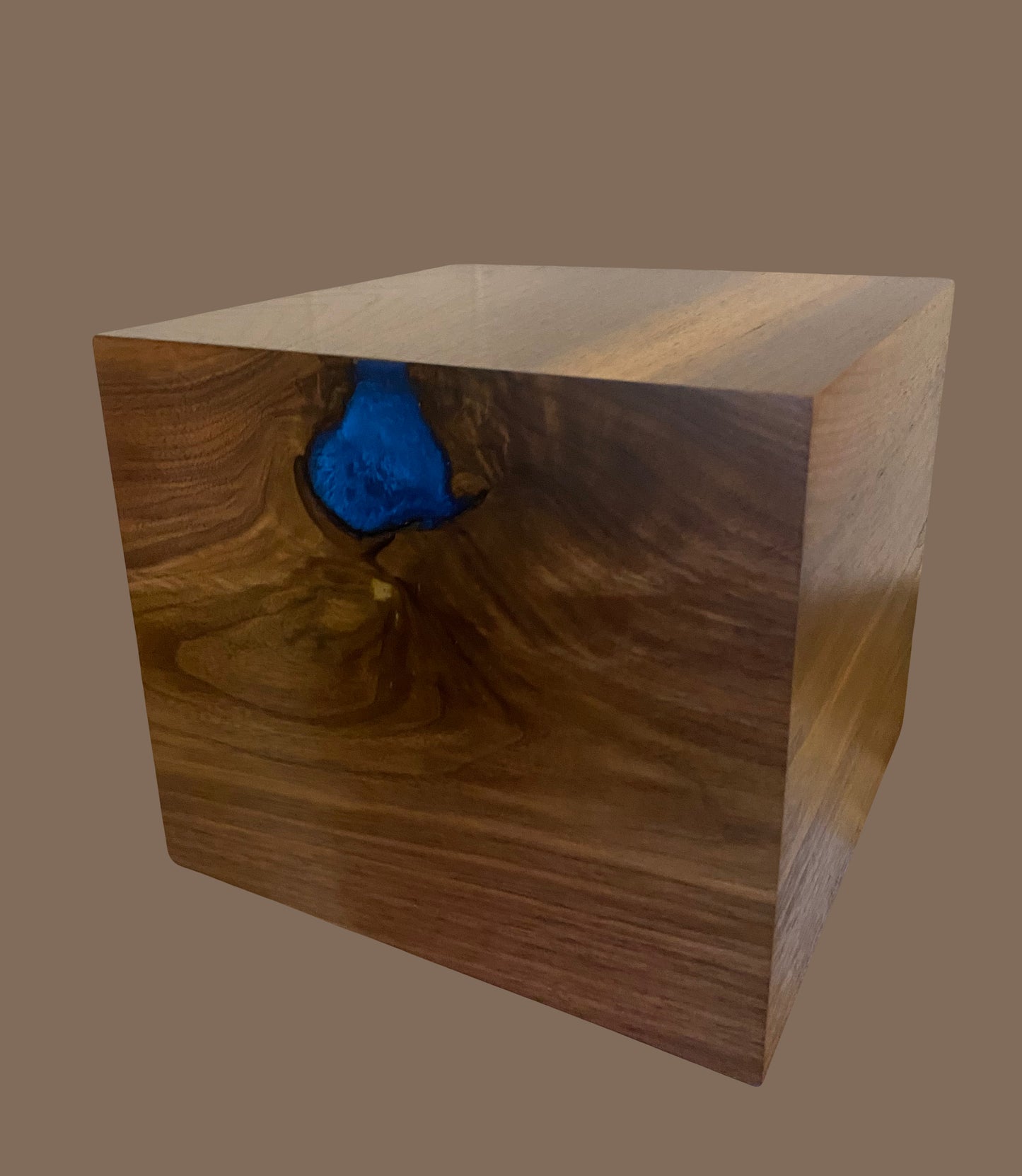 Minimalist Cremation Urn-Black Walnut, blue epoxy, imperfect, knotty, for ashes, up to 365pounds