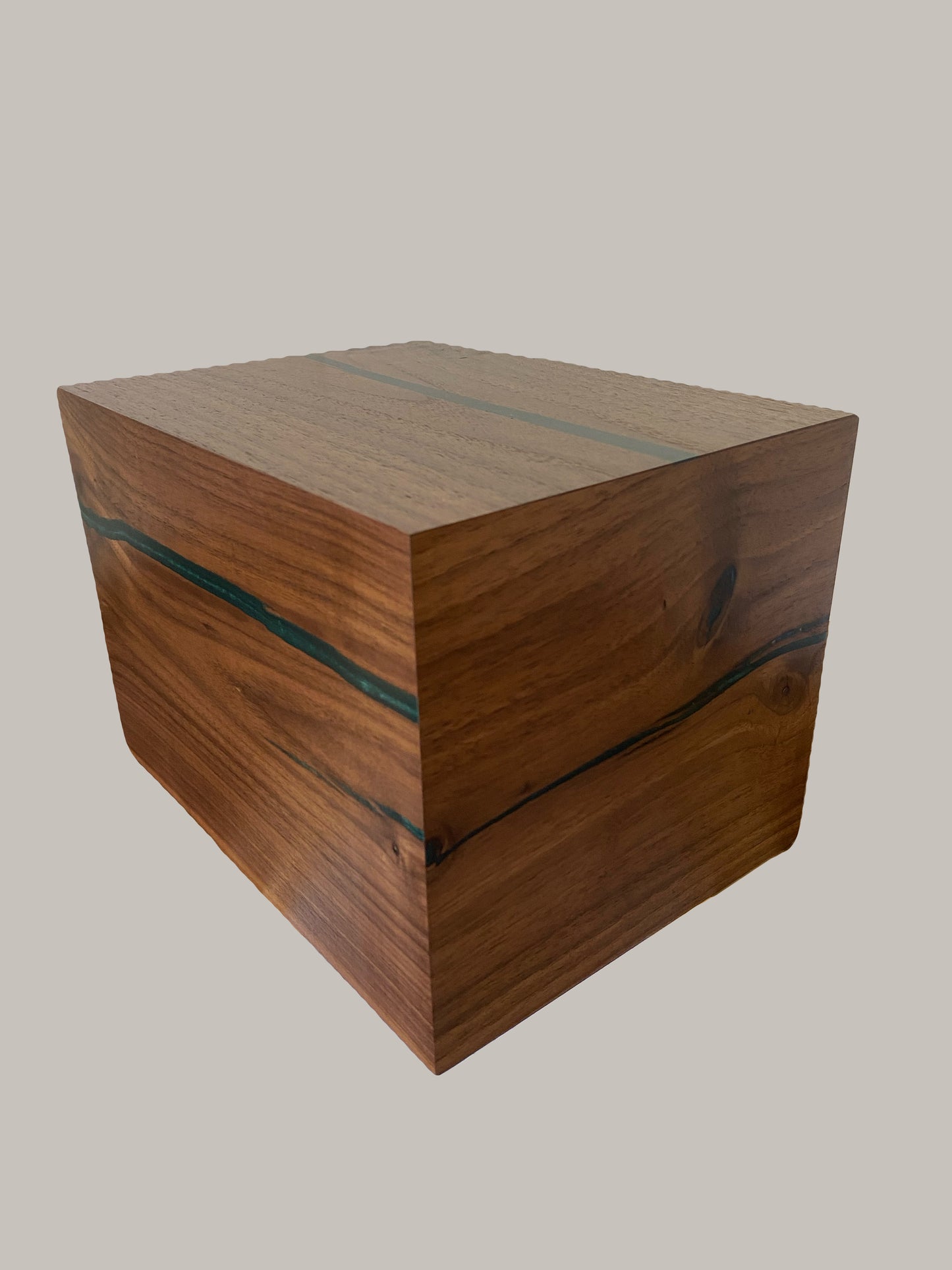 Minimalist Cremation Urn-Black Walnut, green and blue epoxy, imperfect wood, for Adult Human Ashes, up to 280 pounds