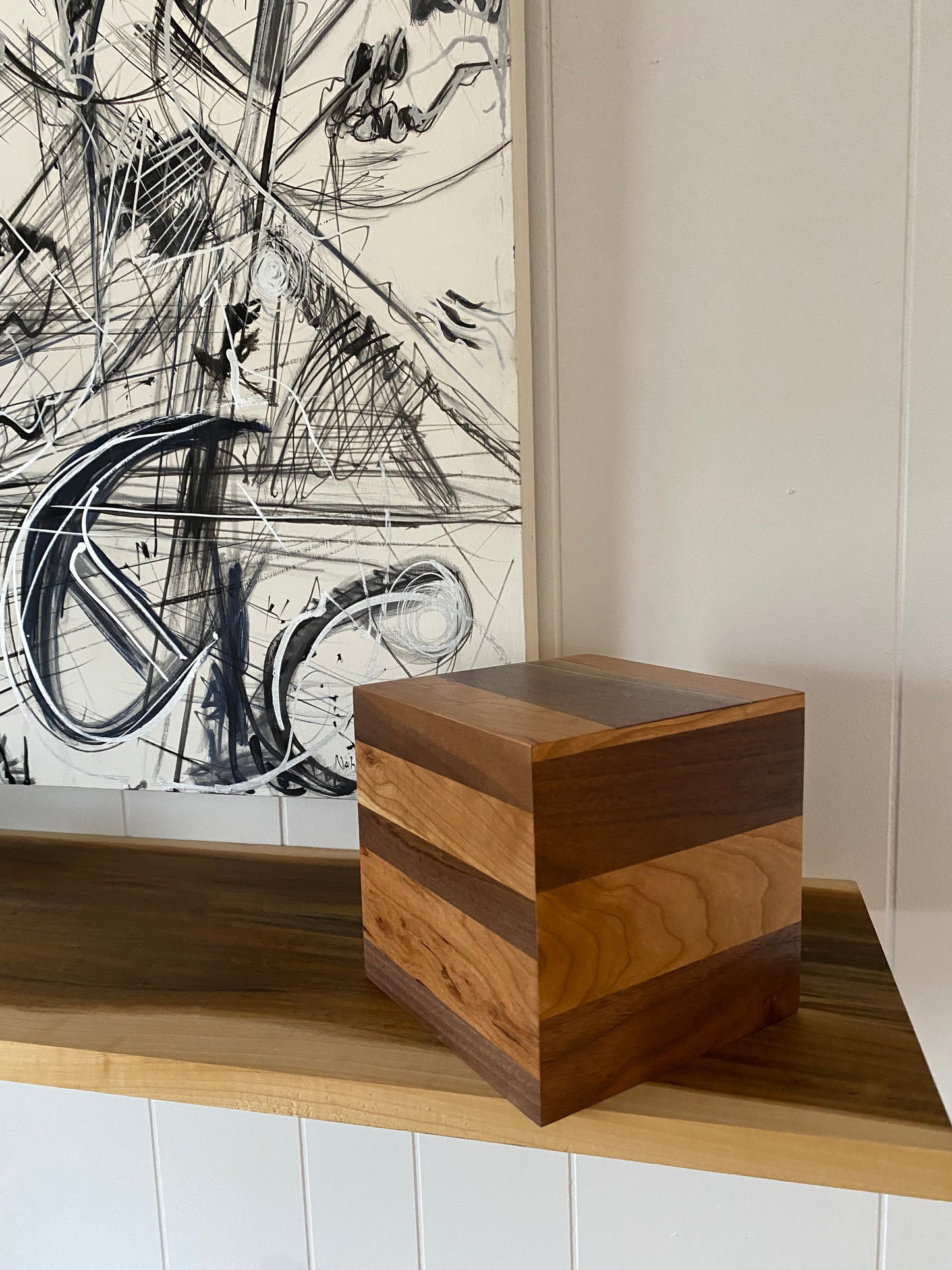 Cube Minimalist Cremation Urn-Black Walnut and Cherry, Human Ashes, up to 90 pounds