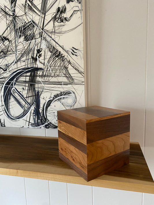 Cube Minimalist Cremation Urn-Black Walnut and Cherry, Human Ashes, up to 90 pounds