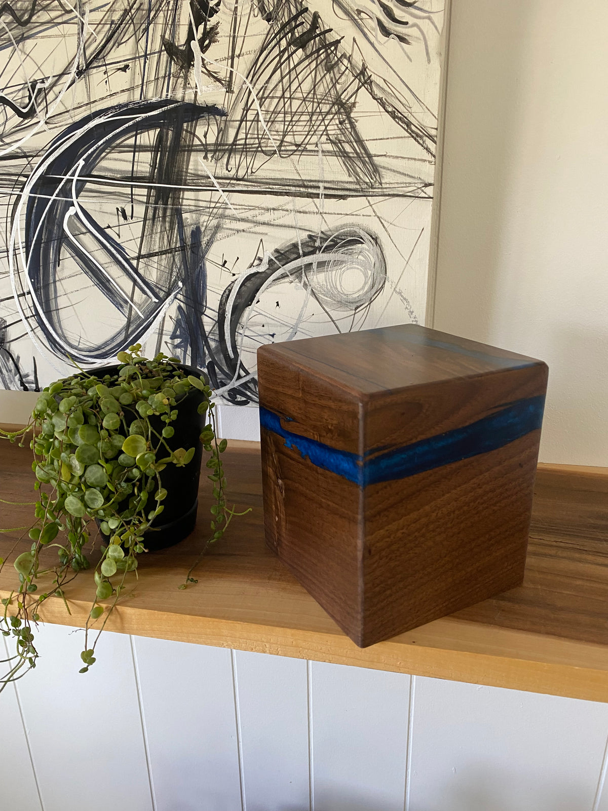 Minimalist Cremation Urn-Black Walnut, blue epoxy for Adult Human Ashes, up to 50 pounds