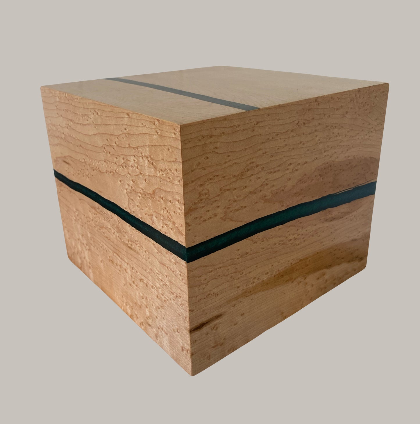 Minimalist Cremation Urn-Birdseye maple, green epoxy, imperfect wood, for Adult Human Ashes, up to 135 pounds