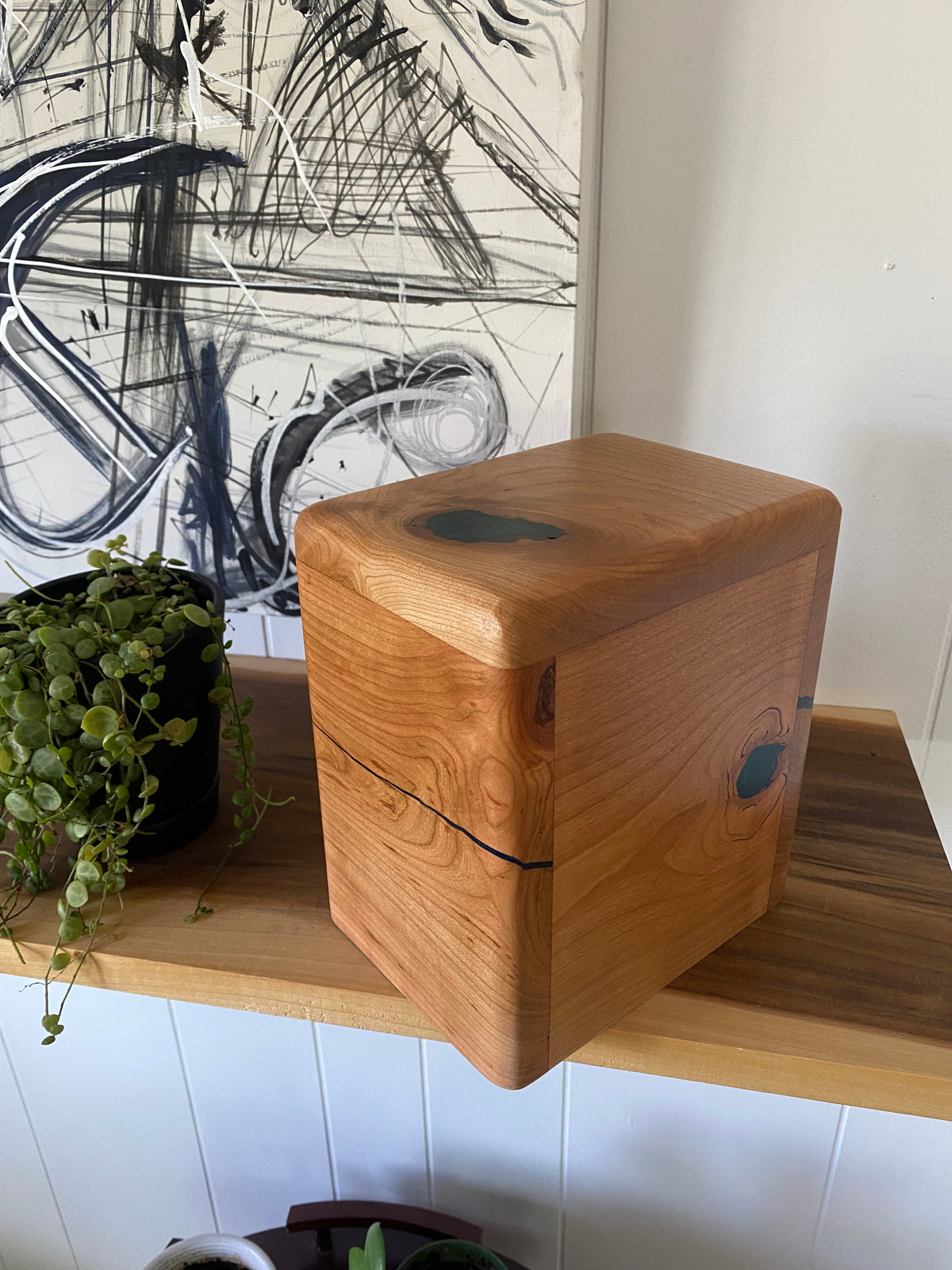Minimalist Cremation Companion Urn-Cherry with green and blue epoxy, for Ashes, up to 100 pounds