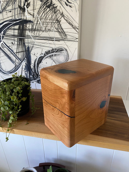 Minimalist Cremation Companion Urn-Cherry with green and blue epoxy, for Ashes, up to 100 pounds