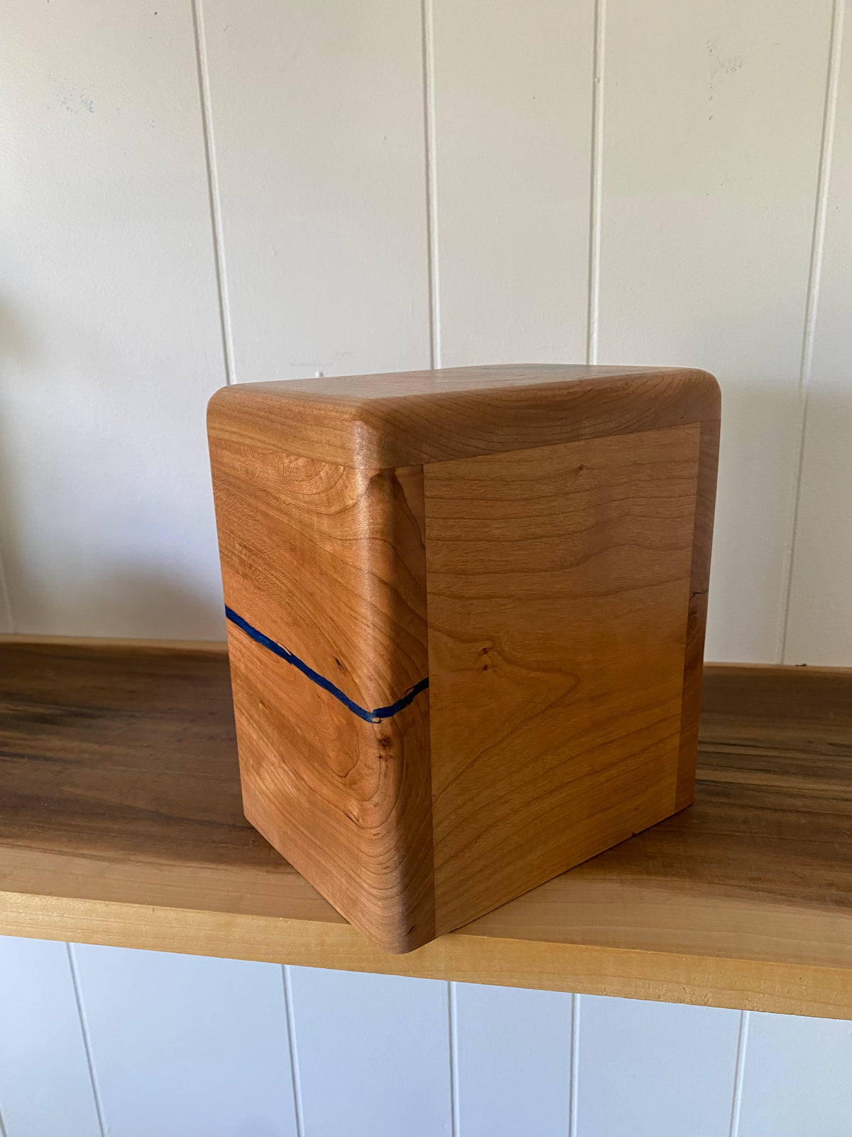 Minimalist Cremation Companion Urn-Cherry with green and blue epoxy, for Ashes, up to 100 pounds