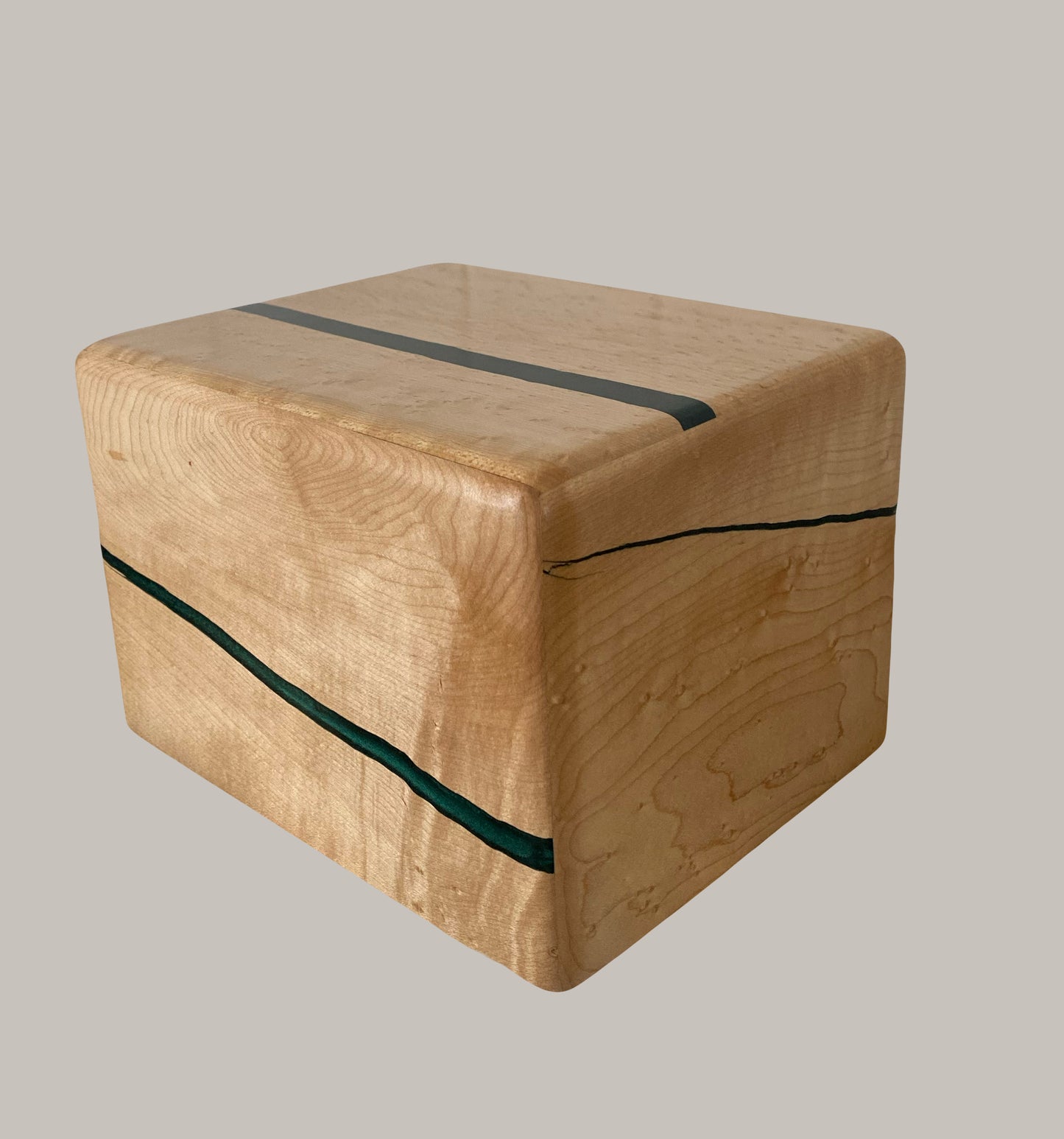 Minimalist Cremation Urn-Birdseye maple, green epoxy, imperfect wood, for Adult Human Ashes, up to 185 pounds